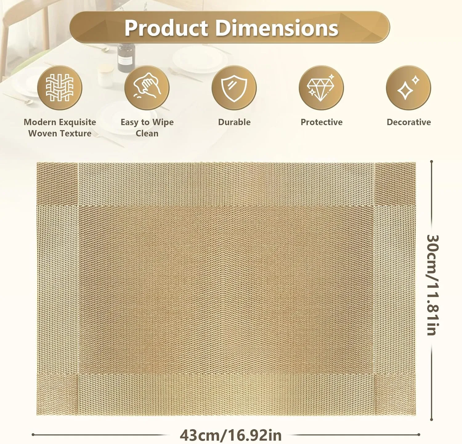 FGSAEOR Placemats Set of 6, Place Mats for Kitchen Dining Table, Heat-Resistant Anti-Skid Stain Washable PVC Table Mats, Easy to Cleaning Woven Vinyl Dinner Mats, Gold