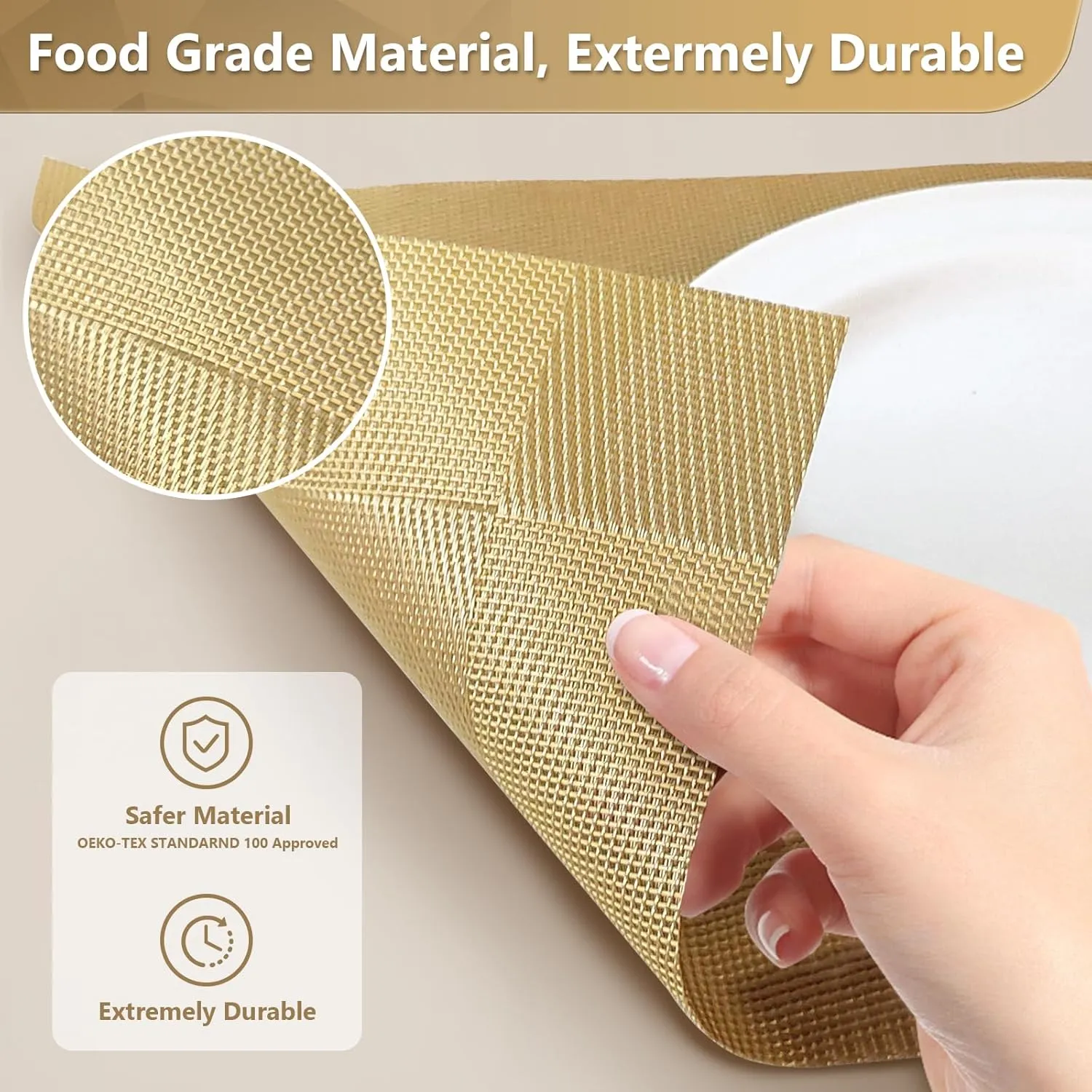 FGSAEOR Placemats Set of 6, Place Mats for Kitchen Dining Table, Heat-Resistant Anti-Skid Stain Washable PVC Table Mats, Easy to Cleaning Woven Vinyl Dinner Mats, Gold