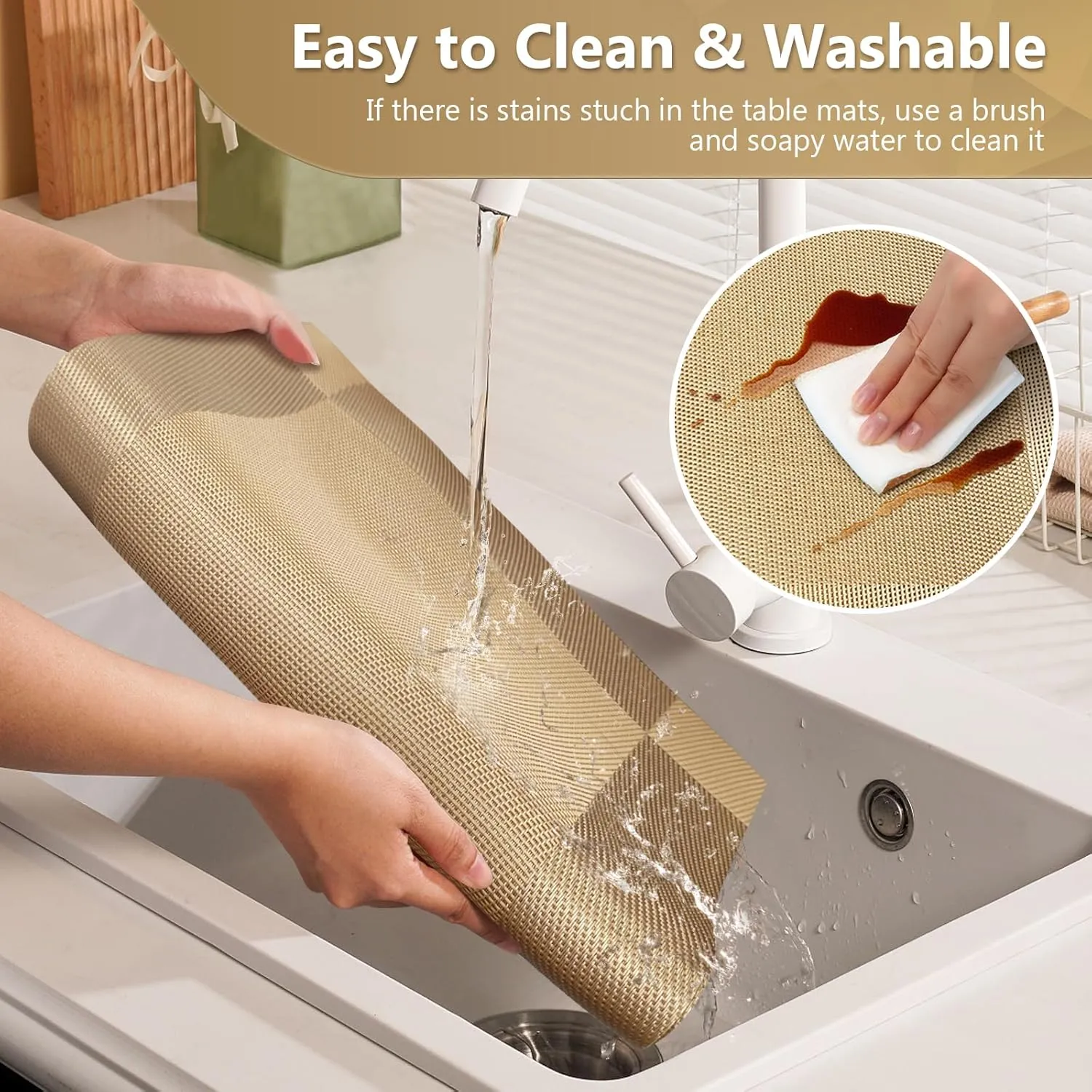 FGSAEOR Placemats Set of 6, Place Mats for Kitchen Dining Table, Heat-Resistant Anti-Skid Stain Washable PVC Table Mats, Easy to Cleaning Woven Vinyl Dinner Mats, Gold