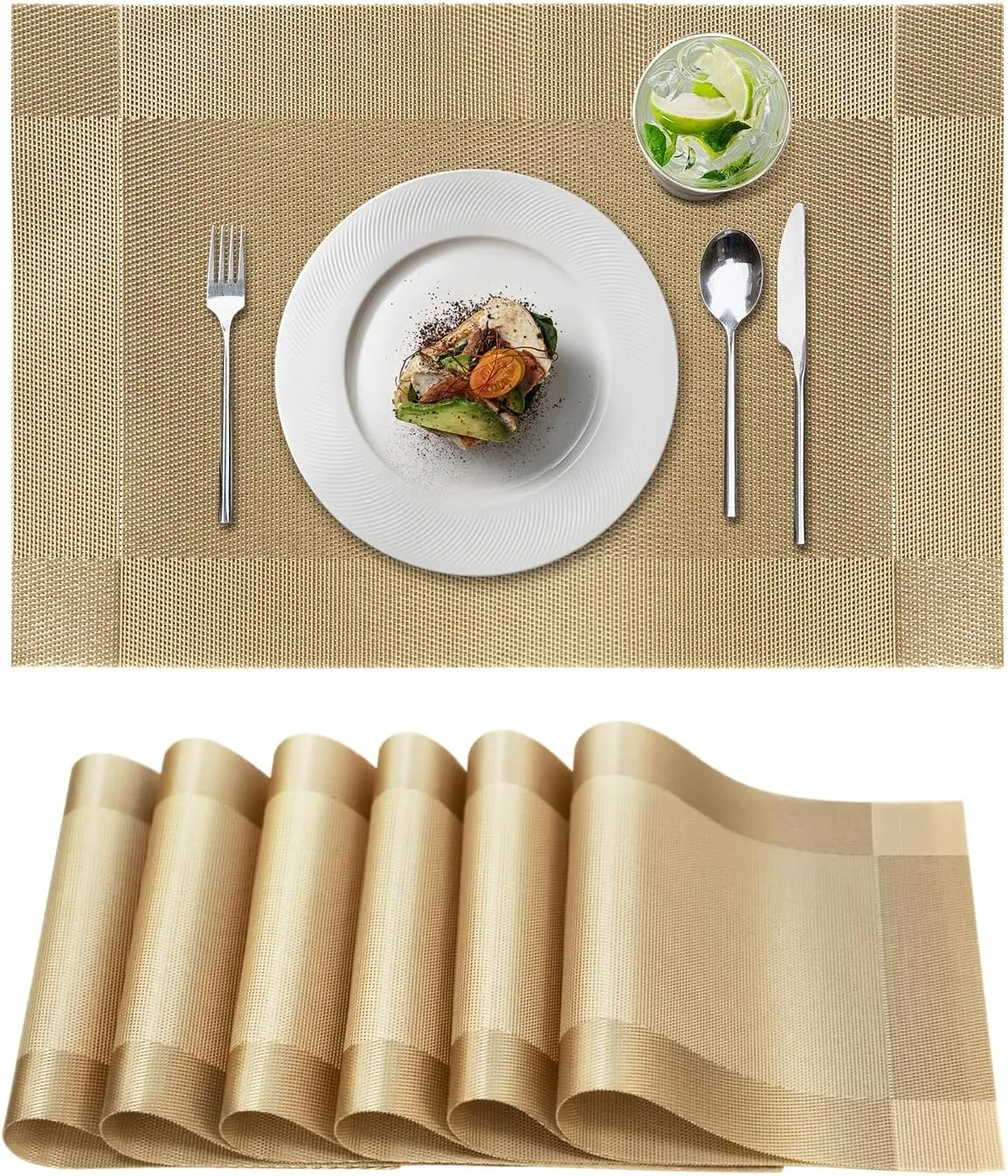 FGSAEOR Placemats Set of 6, Place Mats for Kitchen Dining Table, Heat-Resistant Anti-Skid Stain Washable PVC Table Mats, Easy to Cleaning Woven Vinyl Dinner Mats, Gold