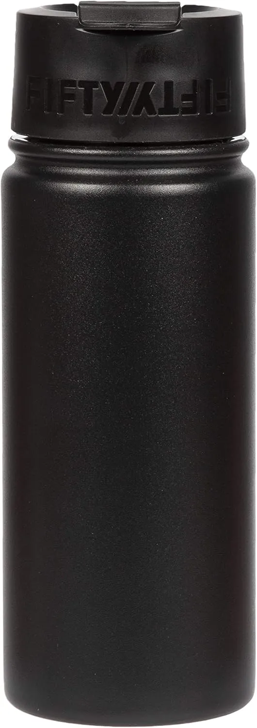 FIFTY/FIFTY 16oz, Double Wall Vacuum Insulated Café Water Bottle, Stainless Steel, Flip Cap w/ Wide Mouth, Matte Black, 16oz/473ml