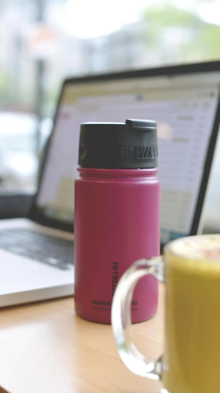 FIFTY/FIFTY 16oz, Double Wall Vacuum Insulated Café Water Bottle, Stainless Steel, Flip Cap w/ Wide Mouth, Matte Black, 16oz/473ml