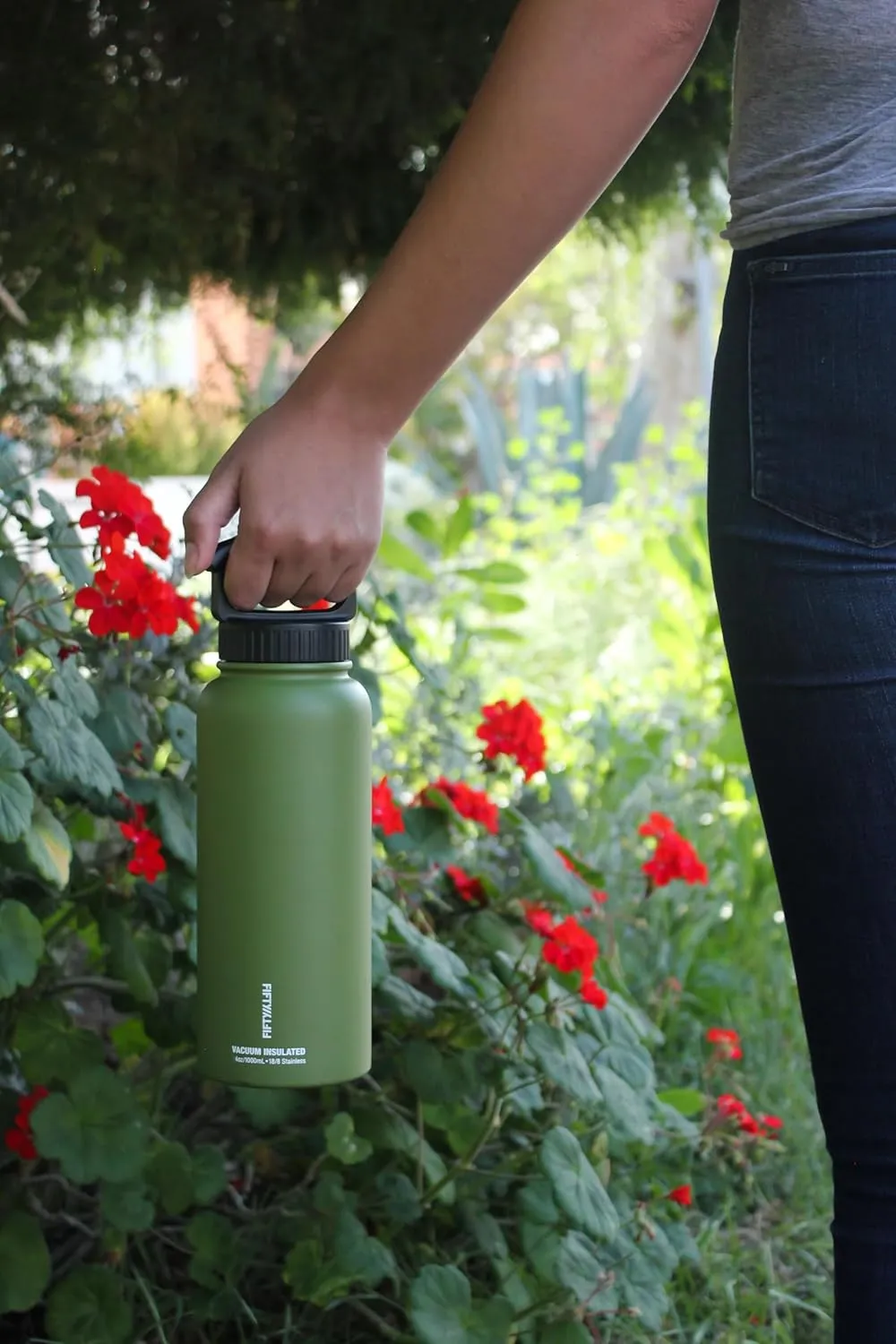 FIFTY/FIFTY Sport Water Bottle, Straw Cap with Wide Mouth, 34 oz/1 L, Matte Black