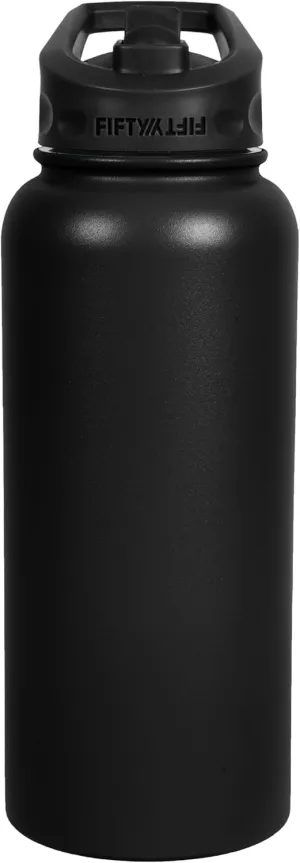 FIFTY/FIFTY Sport Water Bottle, Straw Cap with Wide Mouth, 34 oz/1 L, Matte Black