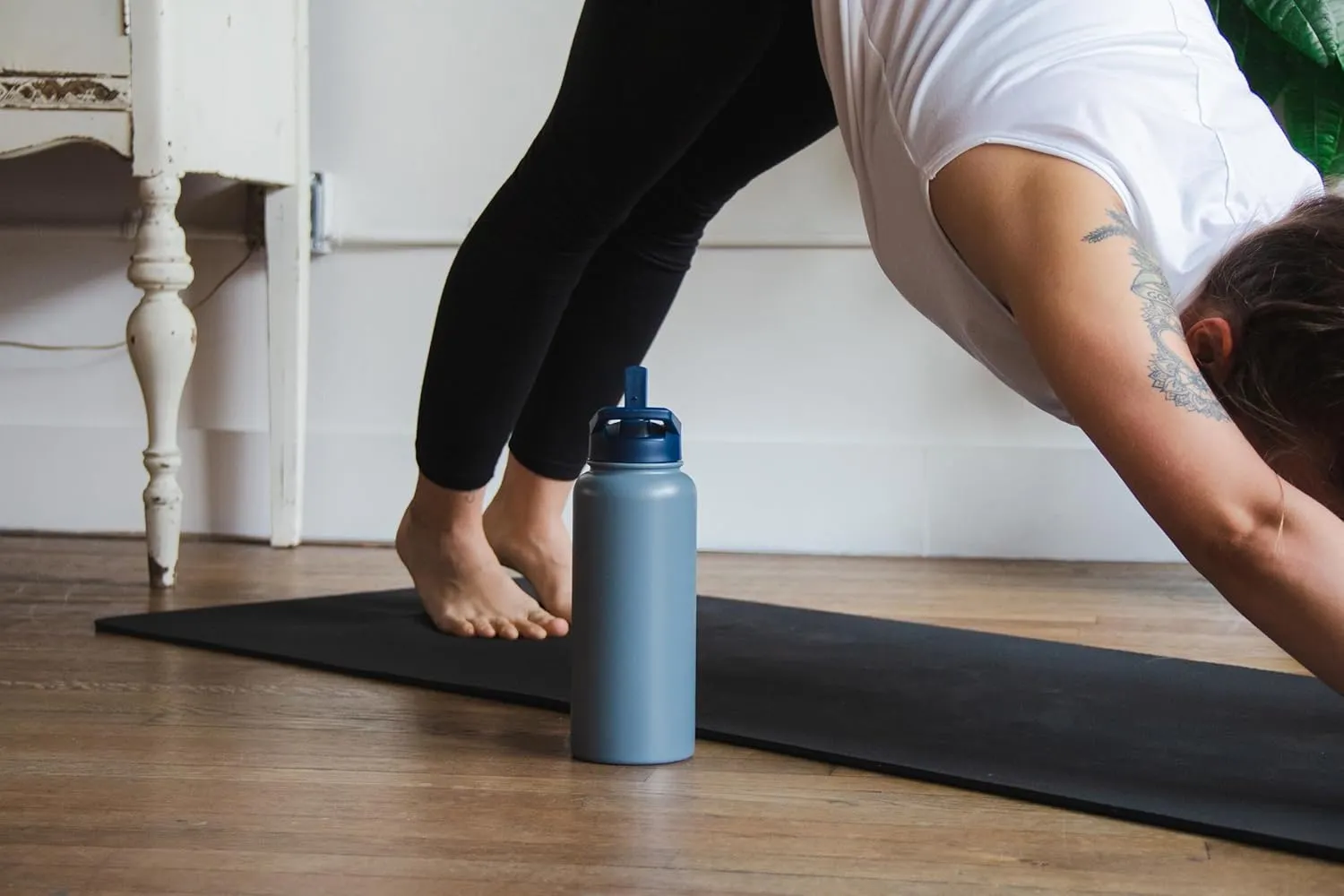FIFTY/FIFTY Sport Water Bottle, Straw Cap with Wide Mouth, 34 oz/1 L, Matte Black