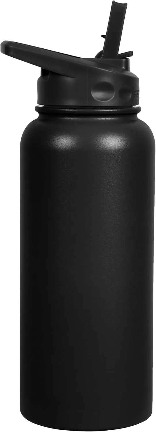 FIFTY/FIFTY Sport Water Bottle, Straw Cap with Wide Mouth, 34 oz/1 L, Matte Black