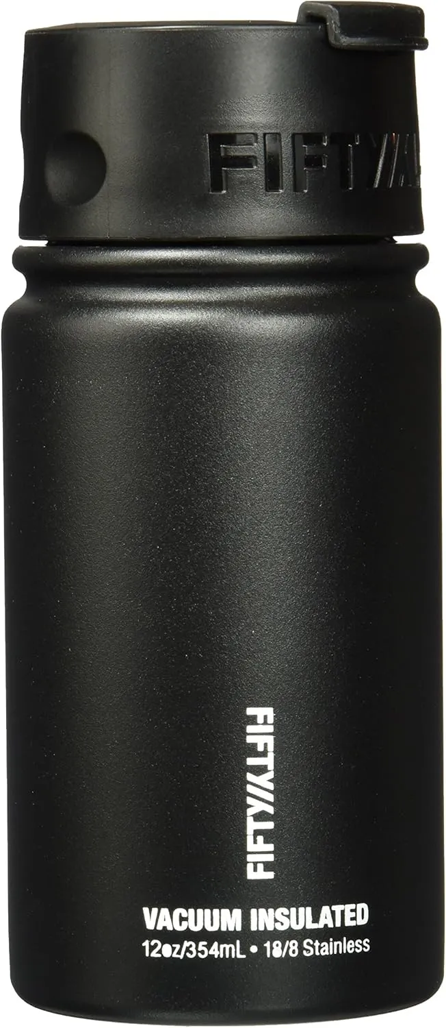 Fifty/Fifty V12004BK0 12oz Black Double Wall Vacuum Insulated Stainless Steel Water Bottle/Travel Coffee Mug, (Wide Mouth Flip Cap), 1 Pack
