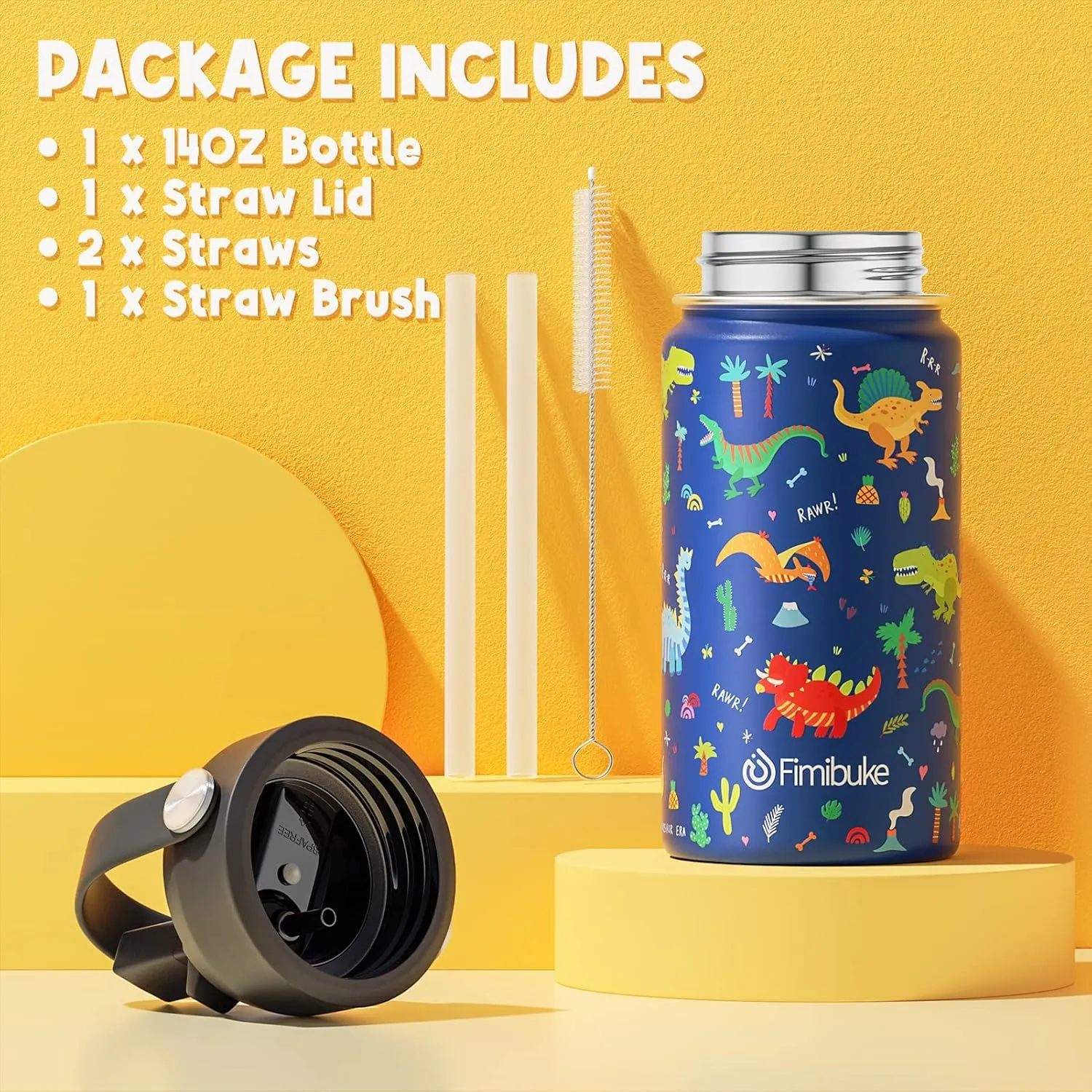 Fimibuke Kids Insulated Water Bottle, 14oz BPA FREE 18/8 Stainless Steel Travel Tumbler Double Wall Vacuum Leak Proof Kids Cup with Straw Metal Bottle for School Boys Girls(1 Pack, BLUE DINOSAUR)