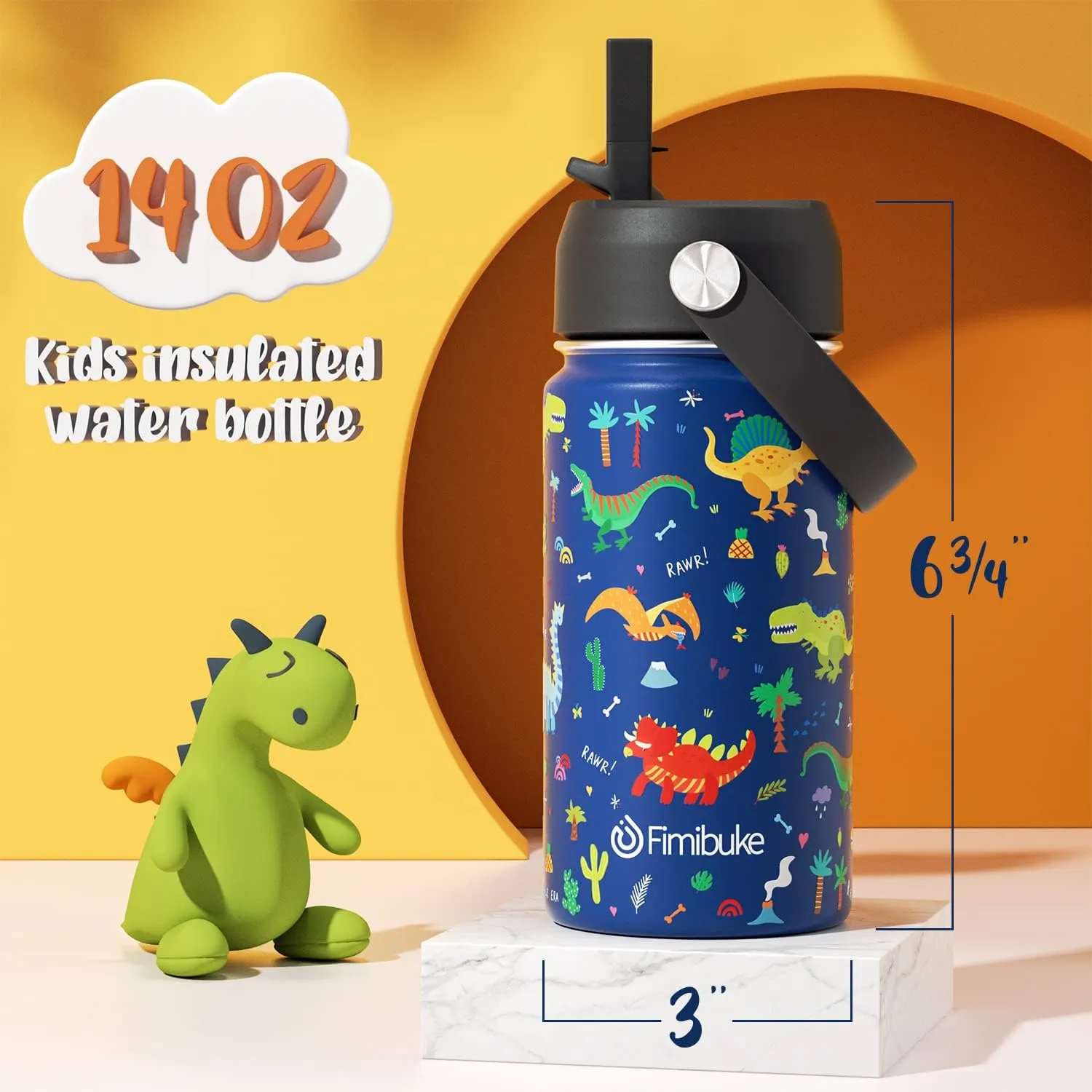 Fimibuke Kids Insulated Water Bottle, 14oz BPA FREE 18/8 Stainless Steel Travel Tumbler Double Wall Vacuum Leak Proof Kids Cup with Straw Metal Bottle for School Boys Girls(1 Pack, BLUE DINOSAUR)