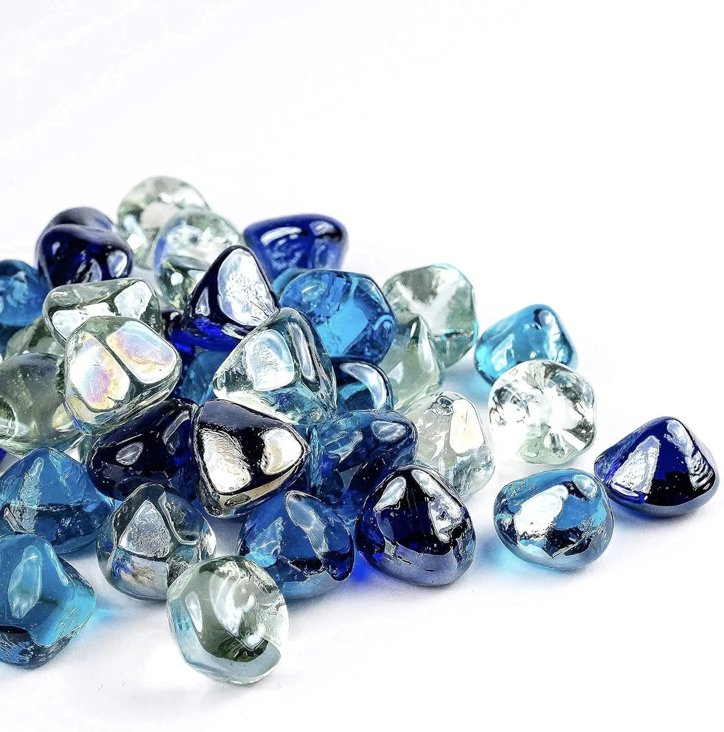 Fire Glass Diamond 1 Inch Fire Pit Glass Rocks for Propane or Gas Fire Pit 20 Pounds, White/Cobalt Blue/Margarita Azura Blue Blend(Gift Package)