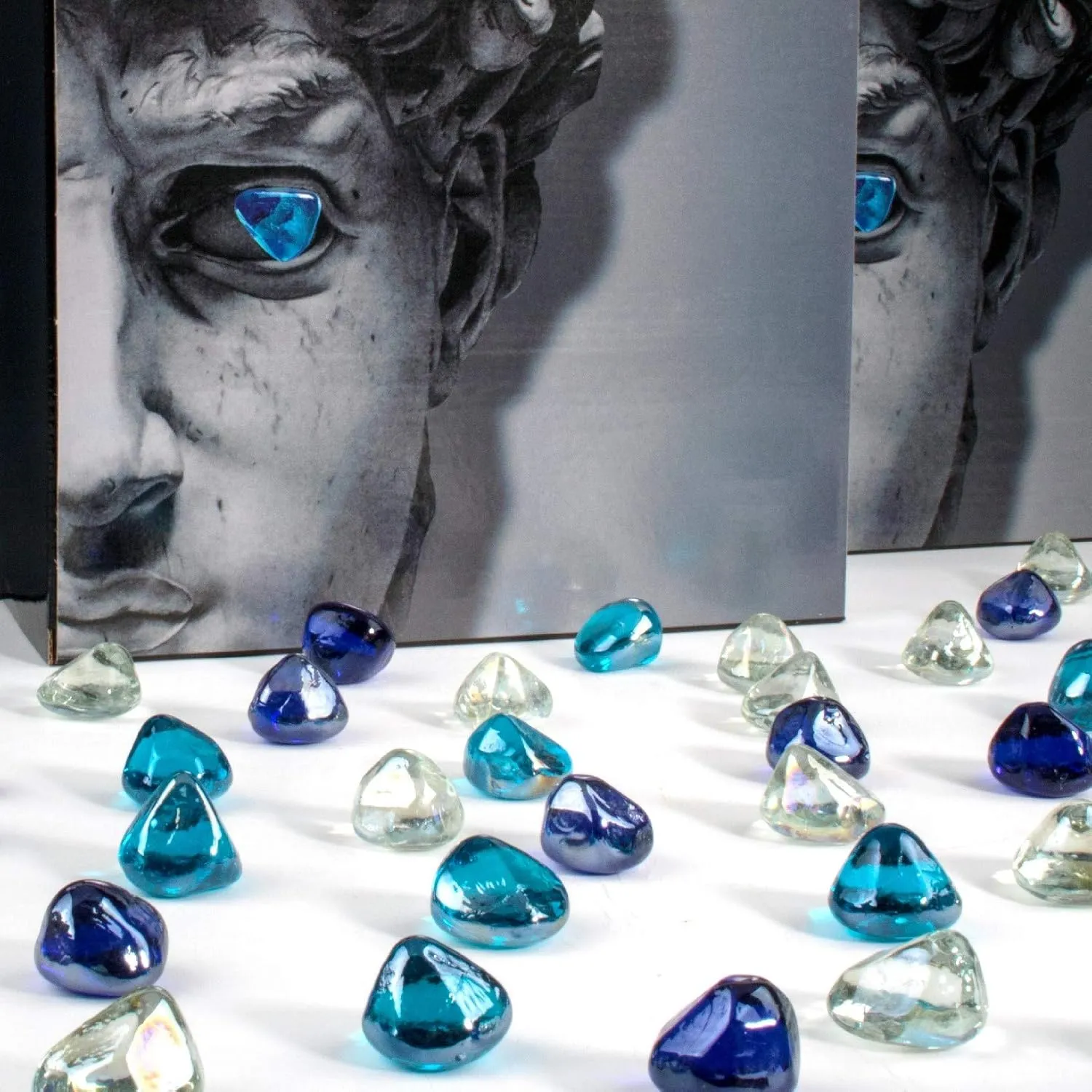 Fire Glass Diamond 1 Inch Fire Pit Glass Rocks for Propane or Gas Fire Pit 20 Pounds, White/Cobalt Blue/Margarita Azura Blue Blend(Gift Package)