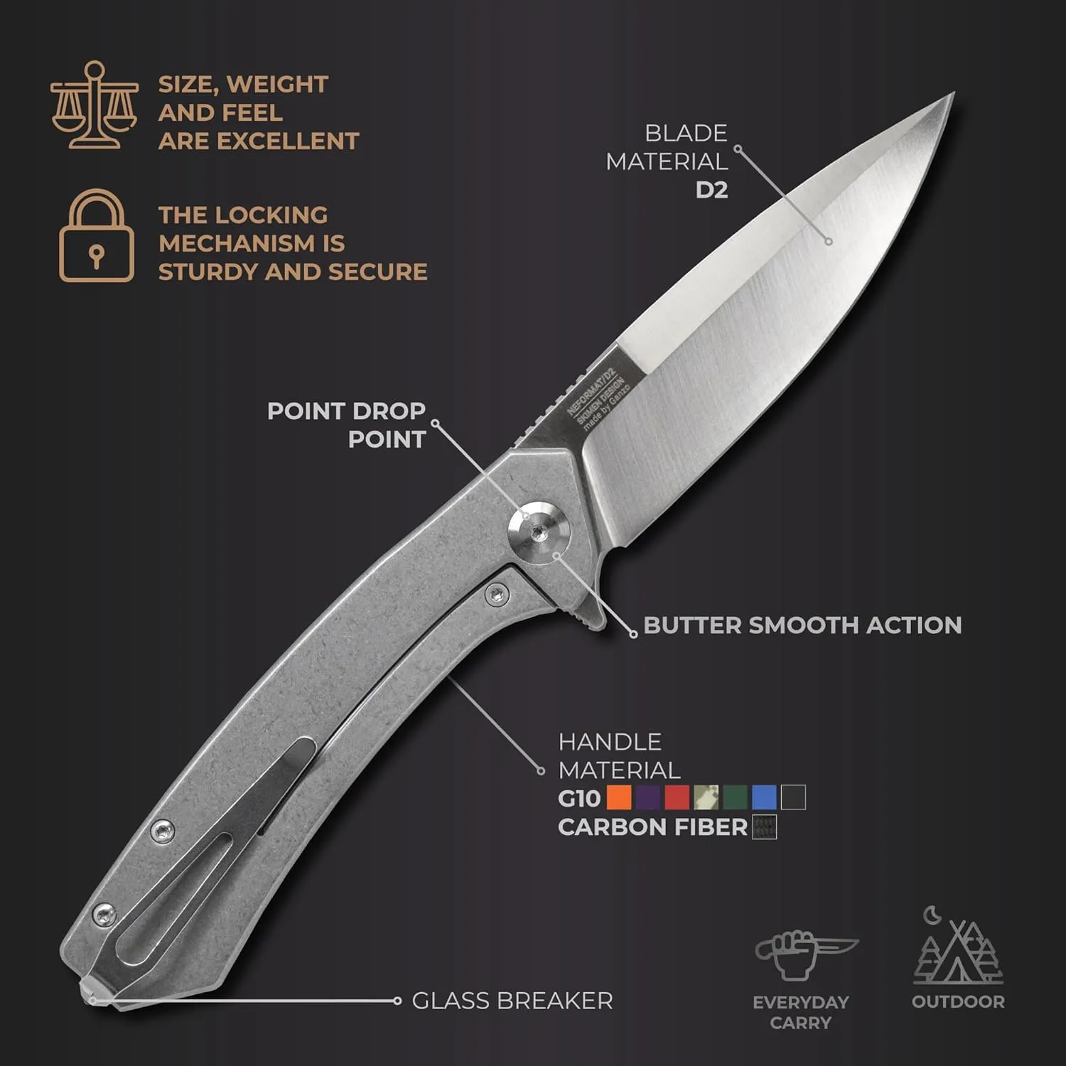 Firebird GANZO Adimanti Skimen Pocket Folding Knife G10 Anti-Slip Handle with Clip and Glass Breaker D2 Steel Blade Hunting Fishing Camping Outdoor Folder EDC Pocket Knife (Blue)