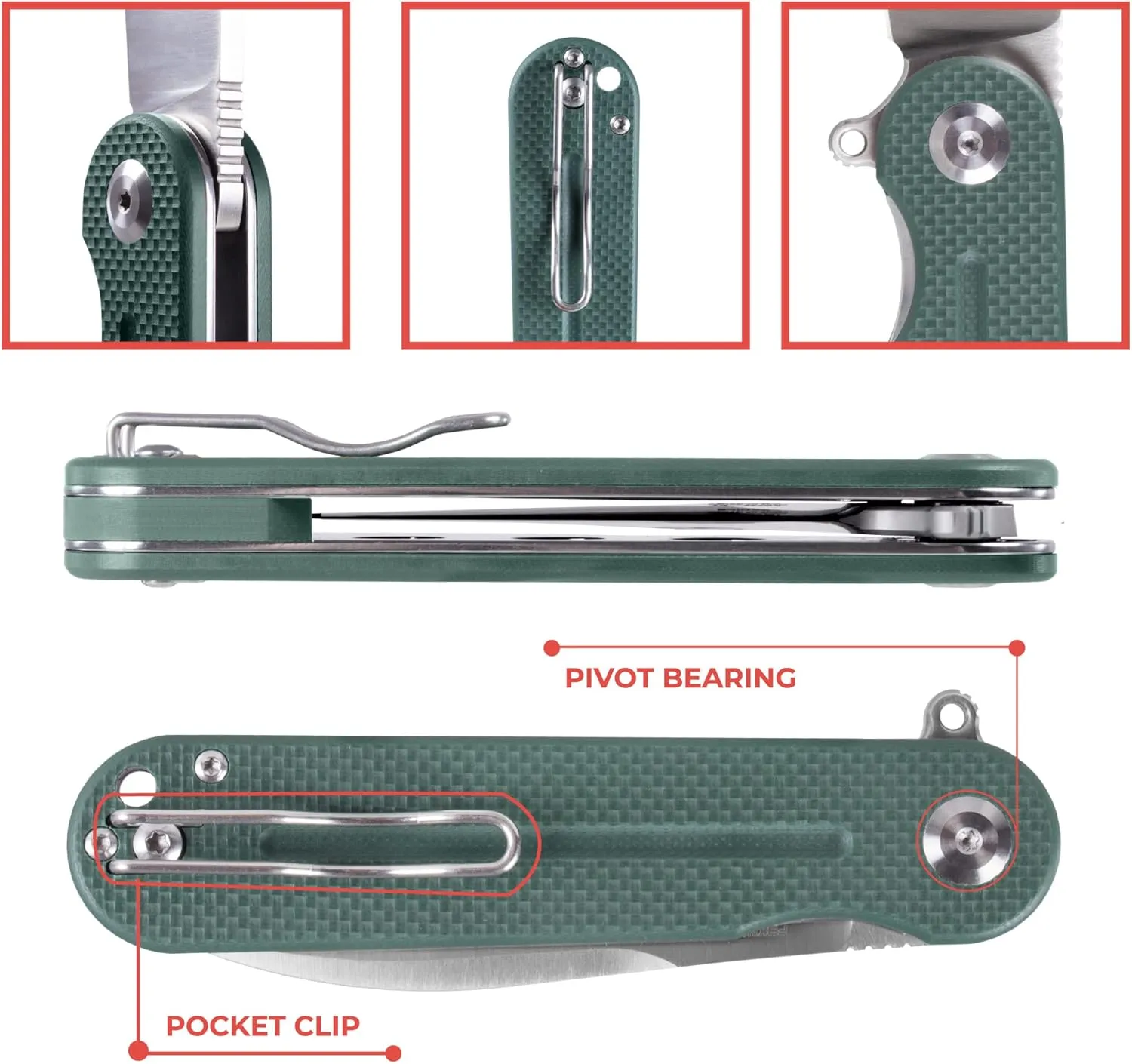 Firebird GANZO FH922-GB Pocket Folding Knife D2 Steel Blade G10 Anti-Slip Handle with Clip Camping Hunting Fishing Outdoor EDC Utility Pocket Knife Best Father's Day Gift (Green)