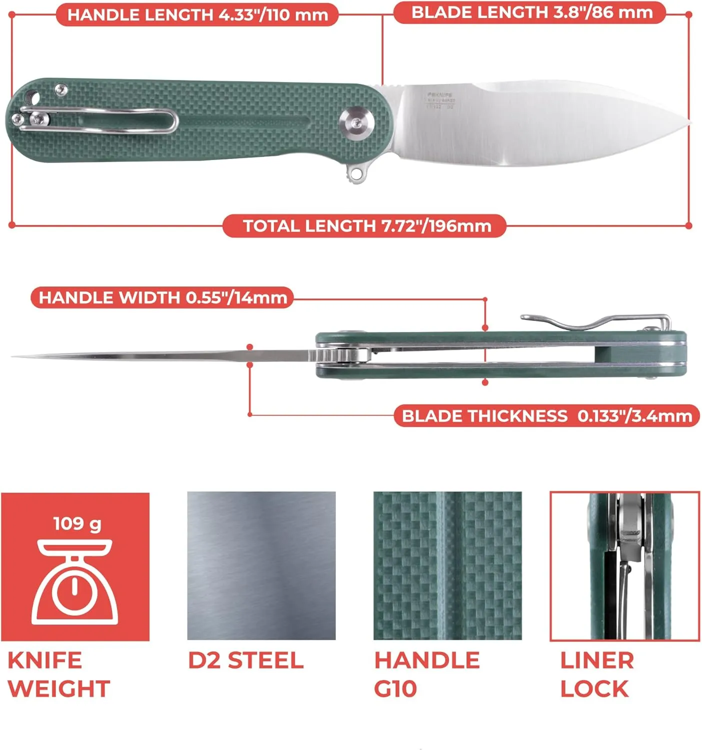 Firebird GANZO FH922-GB Pocket Folding Knife D2 Steel Blade G10 Anti-Slip Handle with Clip Camping Hunting Fishing Outdoor EDC Utility Pocket Knife Best Father's Day Gift (Green)