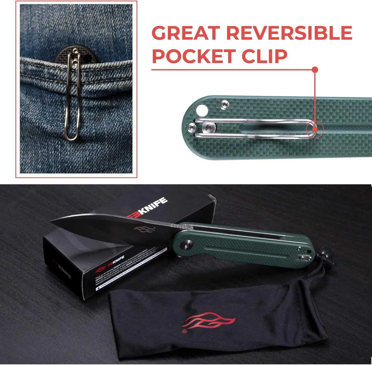 Firebird GANZO FH922-GB Pocket Folding Knife D2 Steel Blade G10 Anti-Slip Handle with Clip Camping Hunting Fishing Outdoor EDC Utility Pocket Knife Best Father's Day Gift (Green)