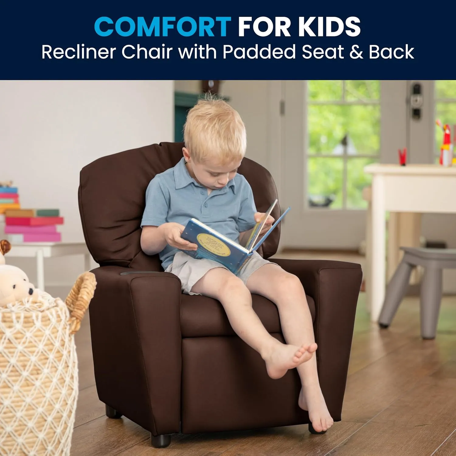 Flash Furniture Chandler LeatherSoft Kids Recliner with Cup Holder and Safety Recline, Contemporary Reclining Chair for Kids, Supports up to 90 lbs., Brown