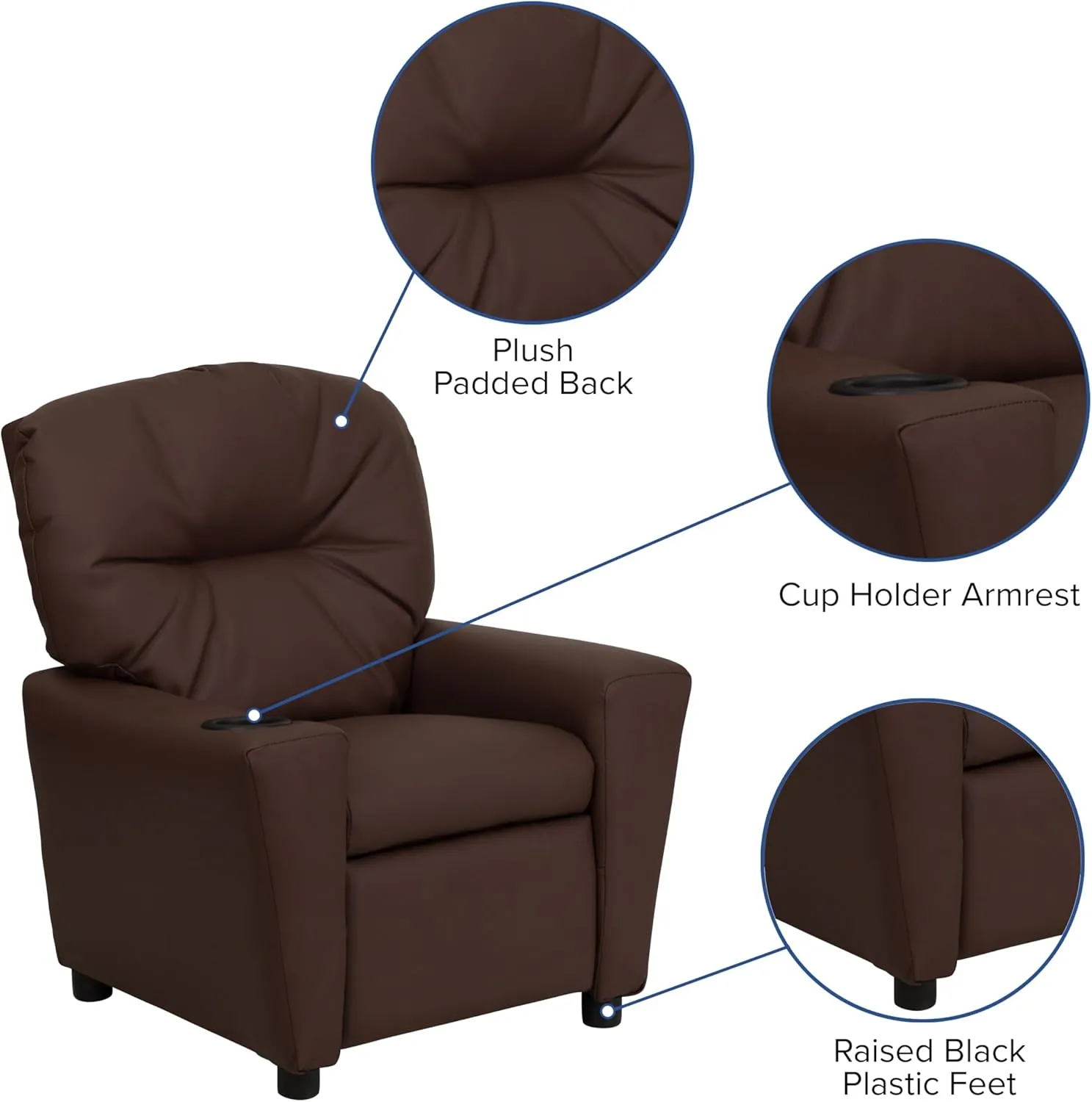 Flash Furniture Chandler LeatherSoft Kids Recliner with Cup Holder and Safety Recline, Contemporary Reclining Chair for Kids, Supports up to 90 lbs., Brown