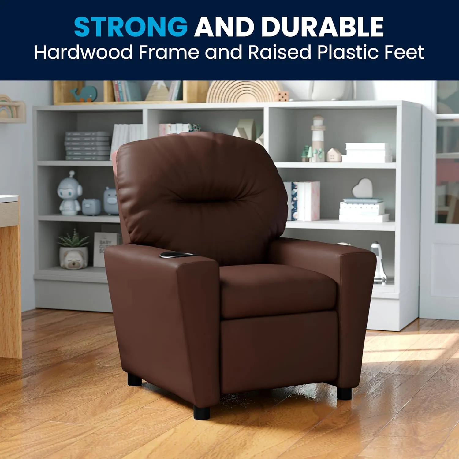 Flash Furniture Chandler LeatherSoft Kids Recliner with Cup Holder and Safety Recline, Contemporary Reclining Chair for Kids, Supports up to 90 lbs., Brown
