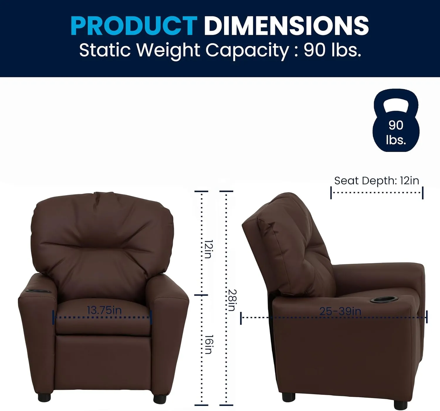 Flash Furniture Chandler LeatherSoft Kids Recliner with Cup Holder and Safety Recline, Contemporary Reclining Chair for Kids, Supports up to 90 lbs., Brown