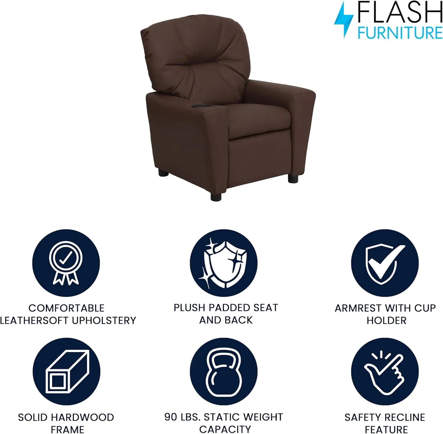 Flash Furniture Chandler LeatherSoft Kids Recliner with Cup Holder and Safety Recline, Contemporary Reclining Chair for Kids, Supports up to 90 lbs., Brown