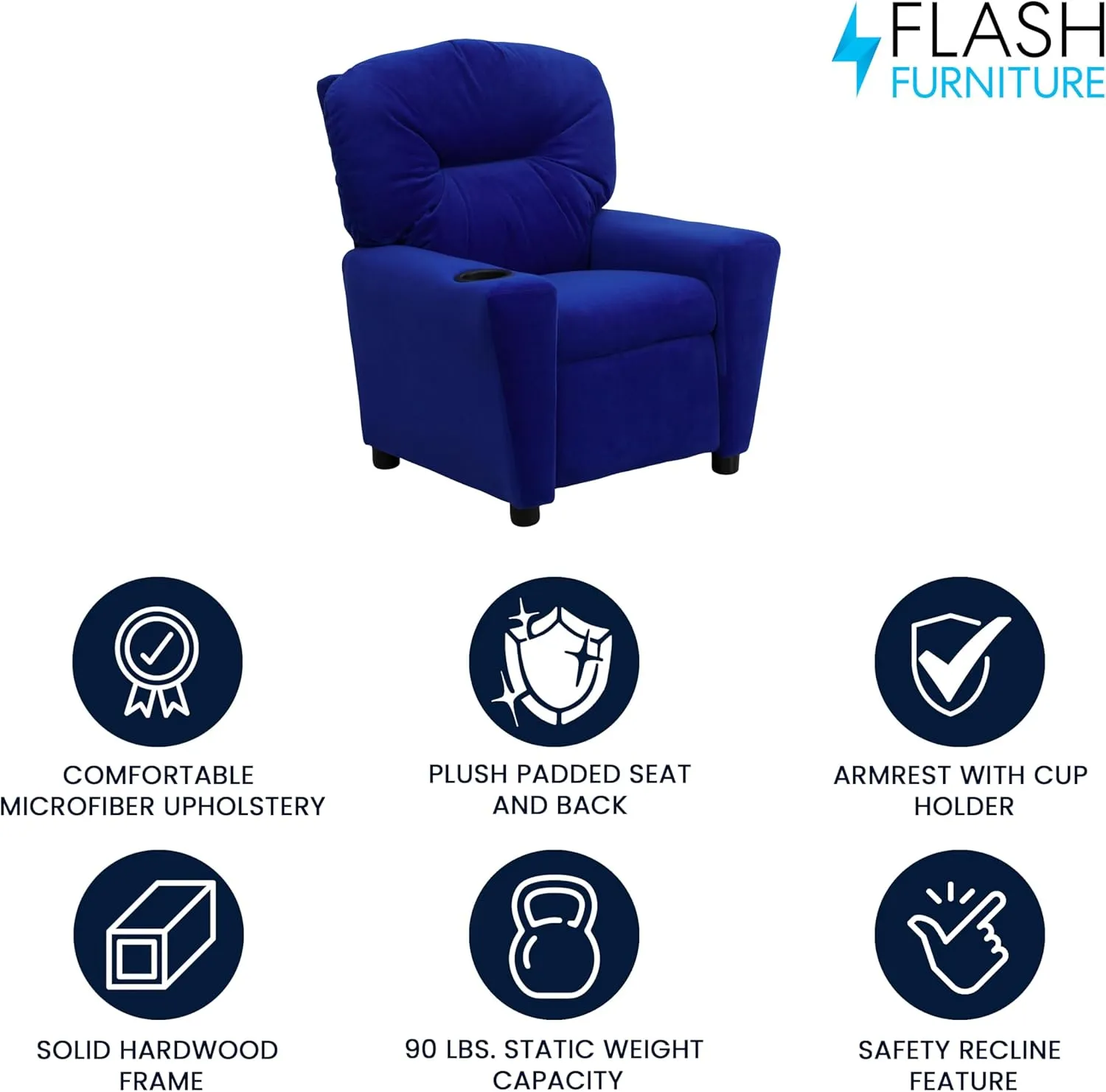 Flash Furniture Chandler Microfiber Kids Recliner with Cup Holder and Safety Recline, Contemporary Reclining Chair for Kids, Supports up to 90 lbs., Blue