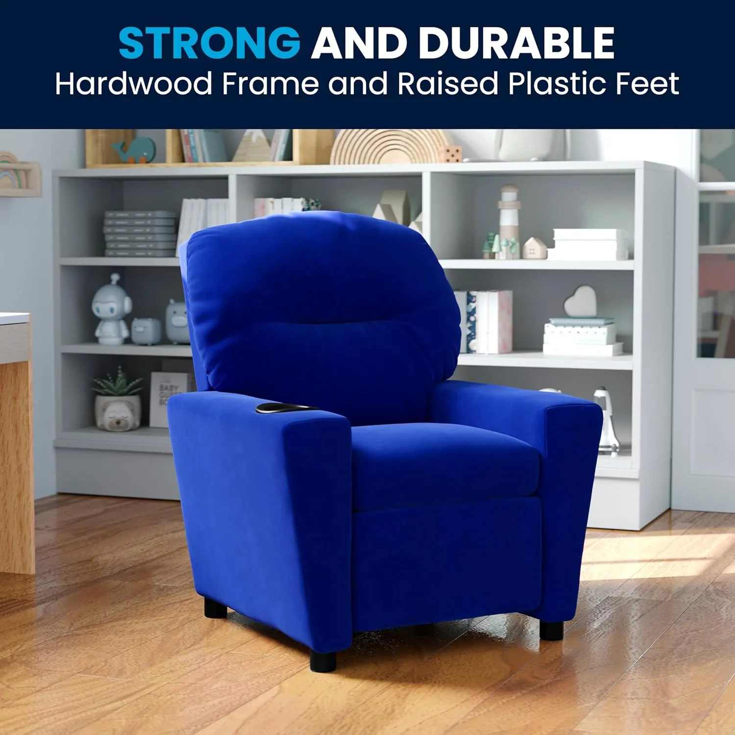Flash Furniture Chandler Microfiber Kids Recliner with Cup Holder and Safety Recline, Contemporary Reclining Chair for Kids, Supports up to 90 lbs., Blue