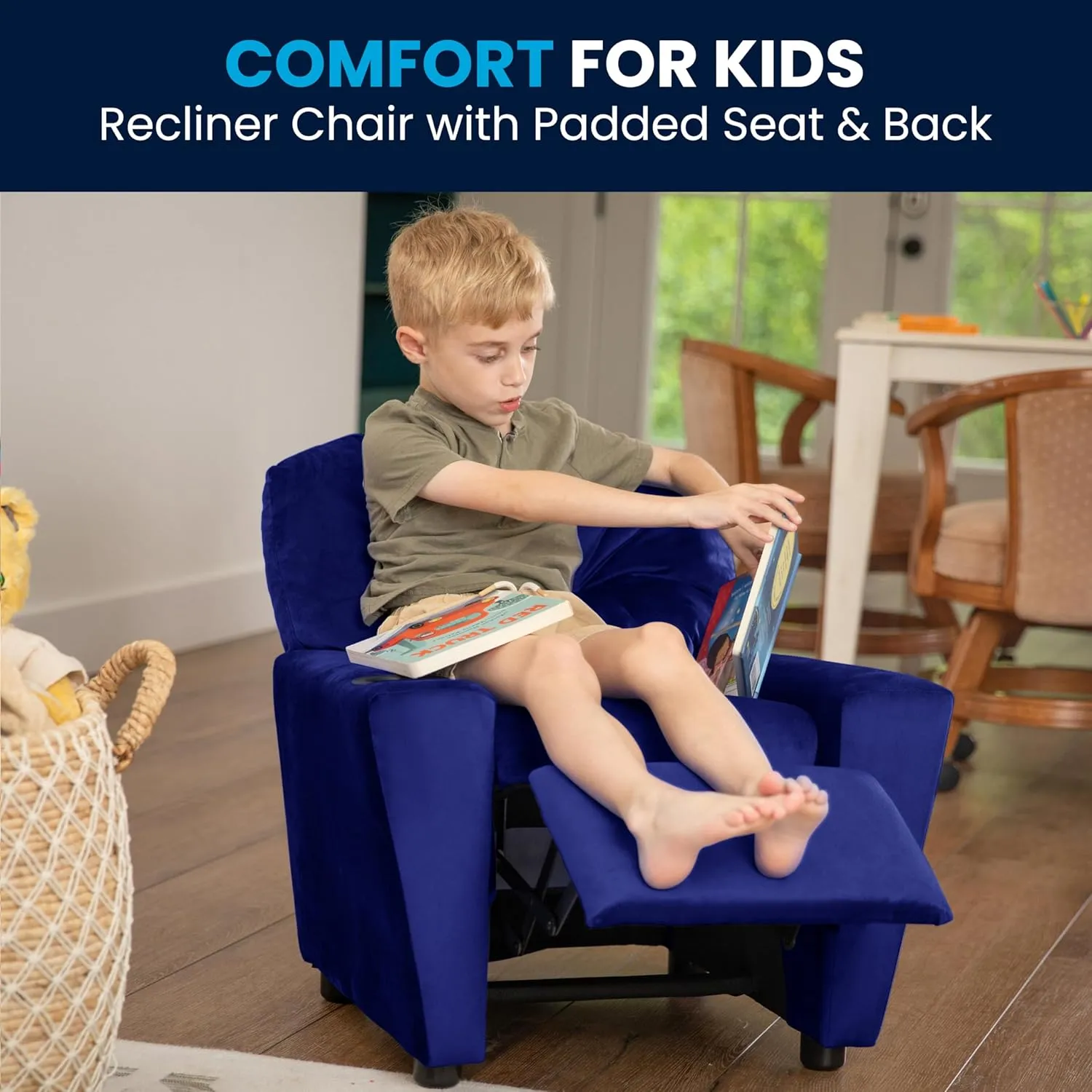 Flash Furniture Chandler Microfiber Kids Recliner with Cup Holder and Safety Recline, Contemporary Reclining Chair for Kids, Supports up to 90 lbs., Blue
