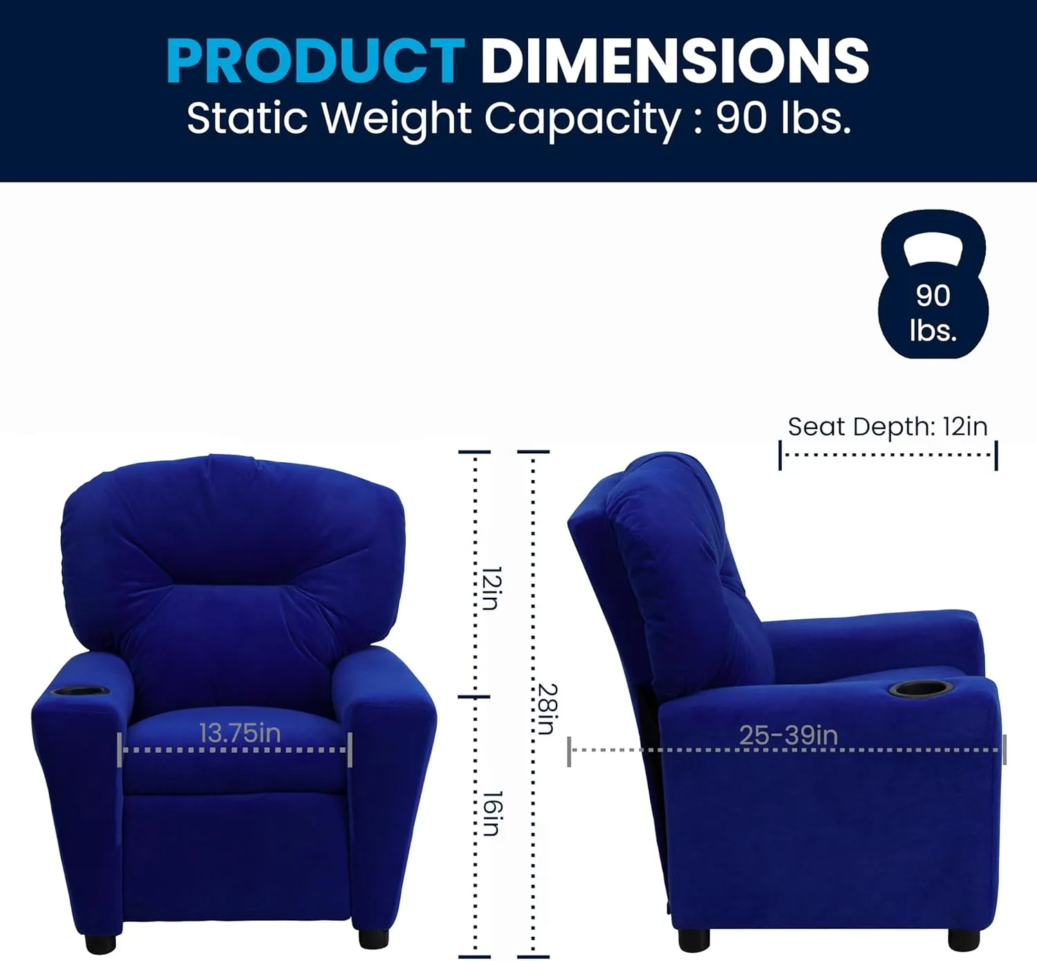 Flash Furniture Chandler Microfiber Kids Recliner with Cup Holder and Safety Recline, Contemporary Reclining Chair for Kids, Supports up to 90 lbs., Blue