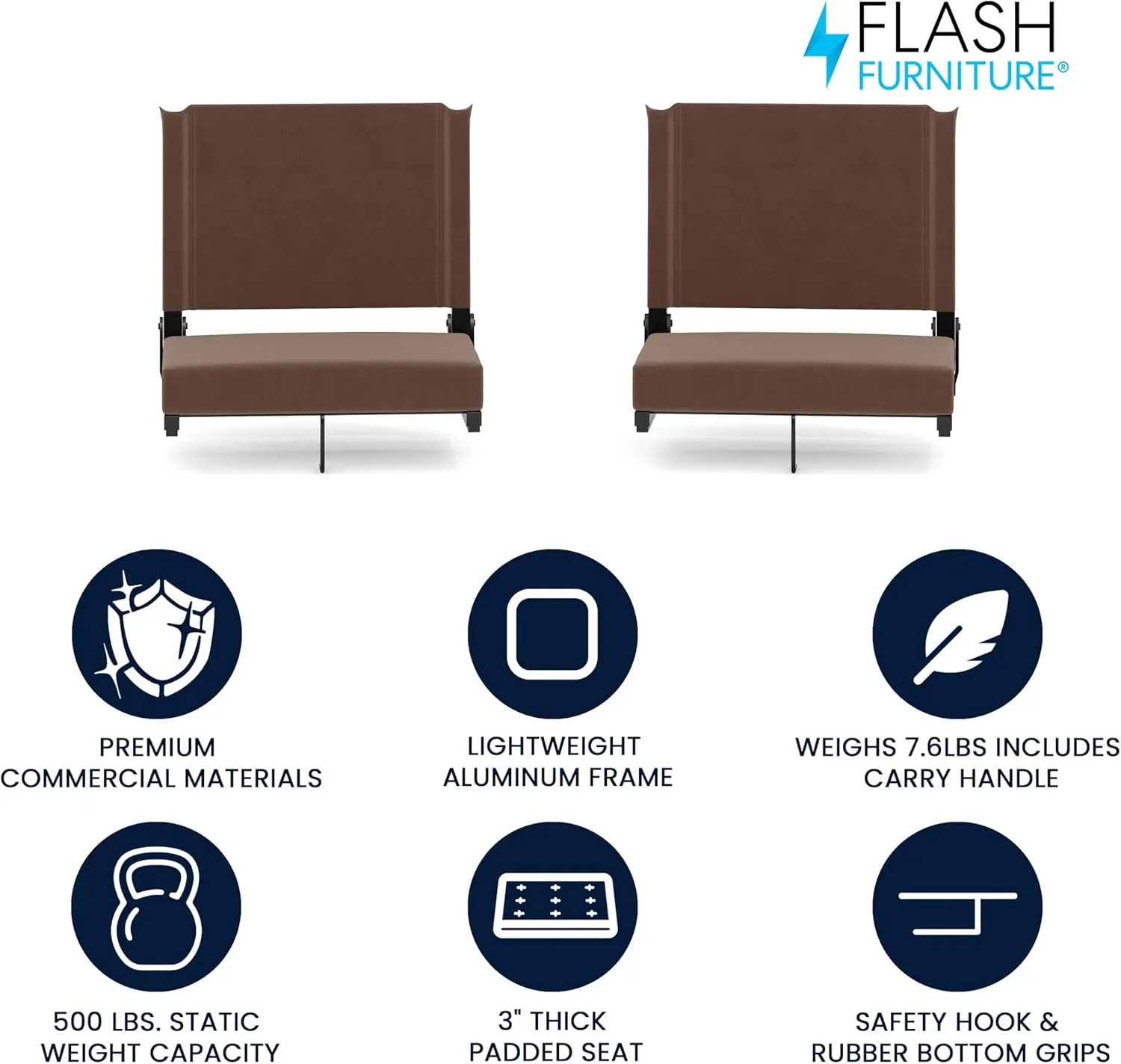 Flash Furniture Grandstand Portable Stadium Seats for Bleachers or Benches, Folding Padded Stadium Chairs with Handle, Pack of 2, 500 lb. Weight Capacity, Brown