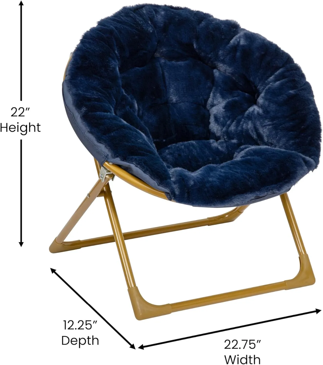 Flash Furniture Gwen Kids Cozy Mini Folding Saucer Chair - Navy Faux Fur Moon Chair - Soft Gold Metal Frame - 23" Portable Folding Chair For Living Room or Bedroom