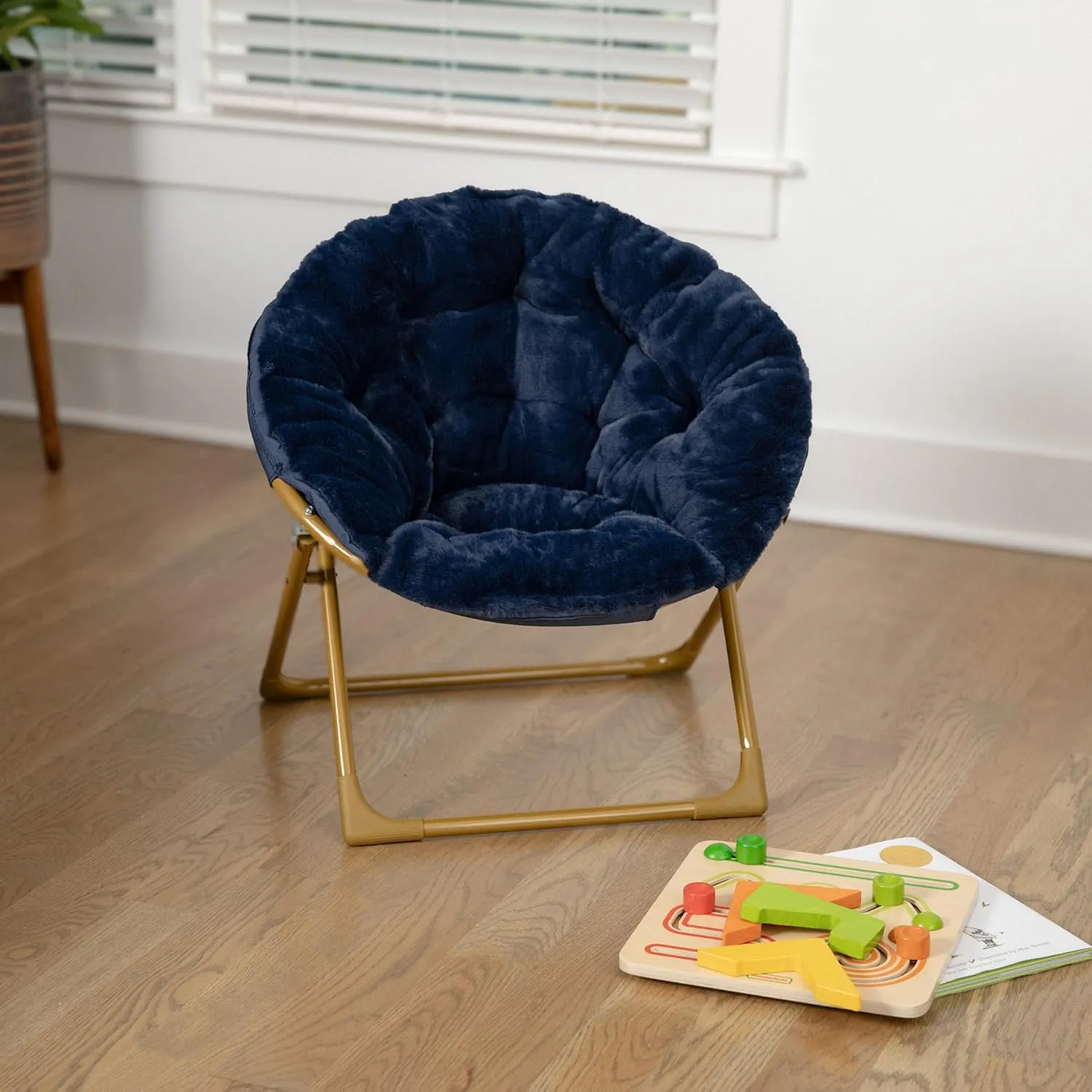 Flash Furniture Gwen Kids Cozy Mini Folding Saucer Chair - Navy Faux Fur Moon Chair - Soft Gold Metal Frame - 23" Portable Folding Chair For Living Room or Bedroom