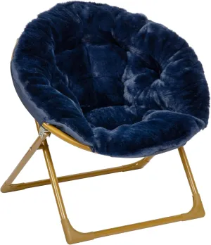 Flash Furniture Gwen Kids Cozy Mini Folding Saucer Chair - Navy Faux Fur Moon Chair - Soft Gold Metal Frame - 23" Portable Folding Chair For Living Room or Bedroom