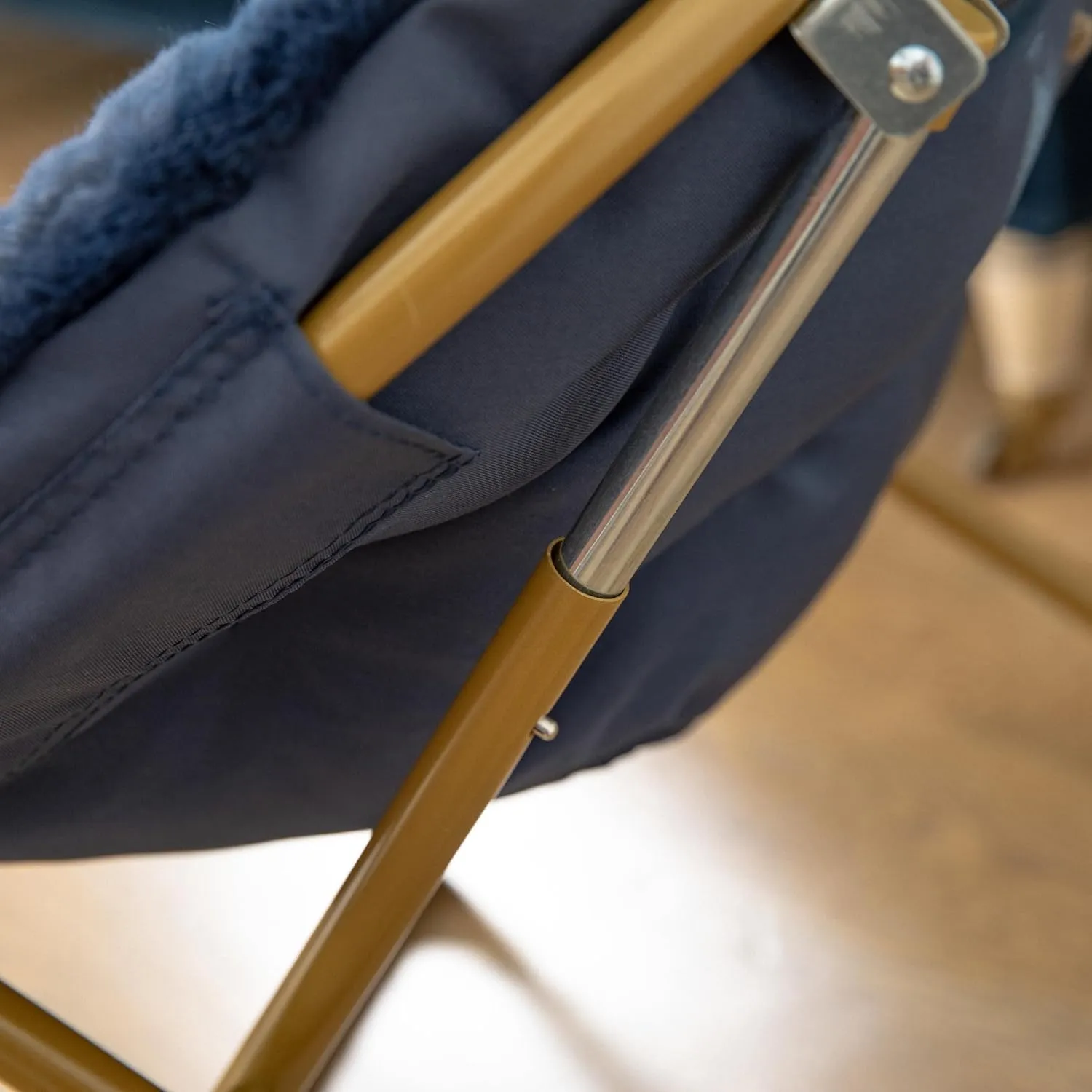 Flash Furniture Gwen Kids Cozy Mini Folding Saucer Chair - Navy Faux Fur Moon Chair - Soft Gold Metal Frame - 23" Portable Folding Chair For Living Room or Bedroom
