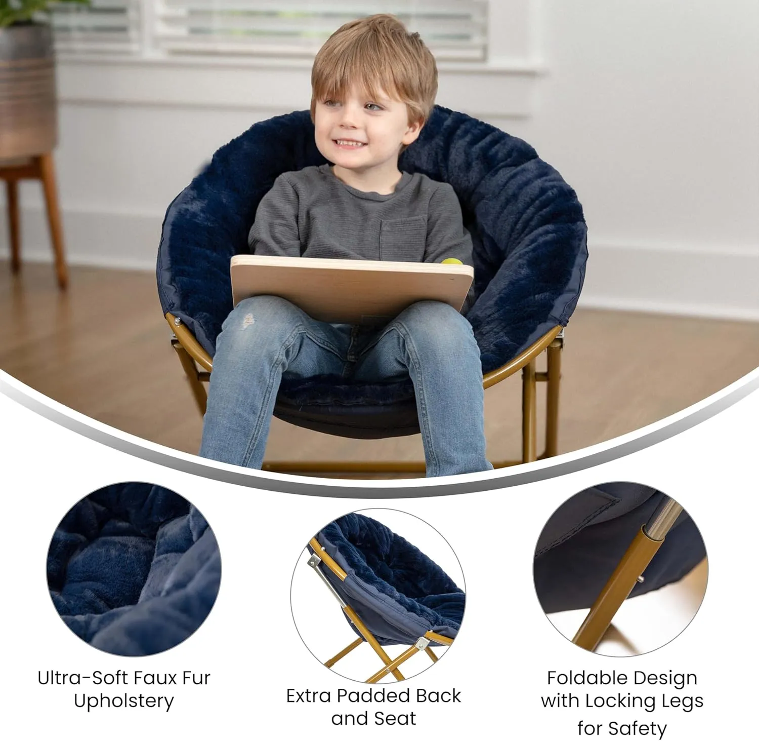 Flash Furniture Gwen Kids Cozy Mini Folding Saucer Chair - Navy Faux Fur Moon Chair - Soft Gold Metal Frame - 23" Portable Folding Chair For Living Room or Bedroom