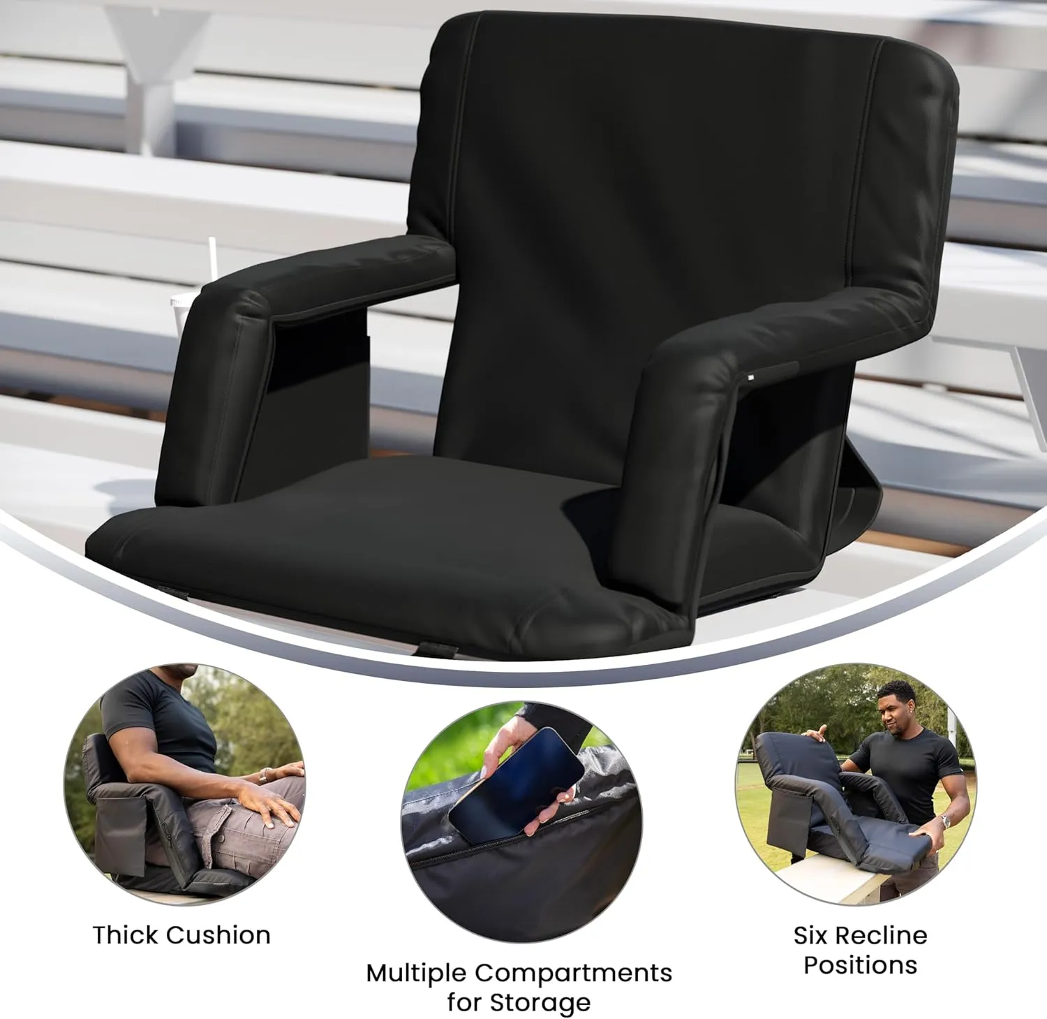 Flash Furniture Malta Extra Wide Portable Stadium Seat for Bleachers or Benches, Padded Stadium Chair with Backpack Straps and Storage, 265 lb. Weight Capacity, Black