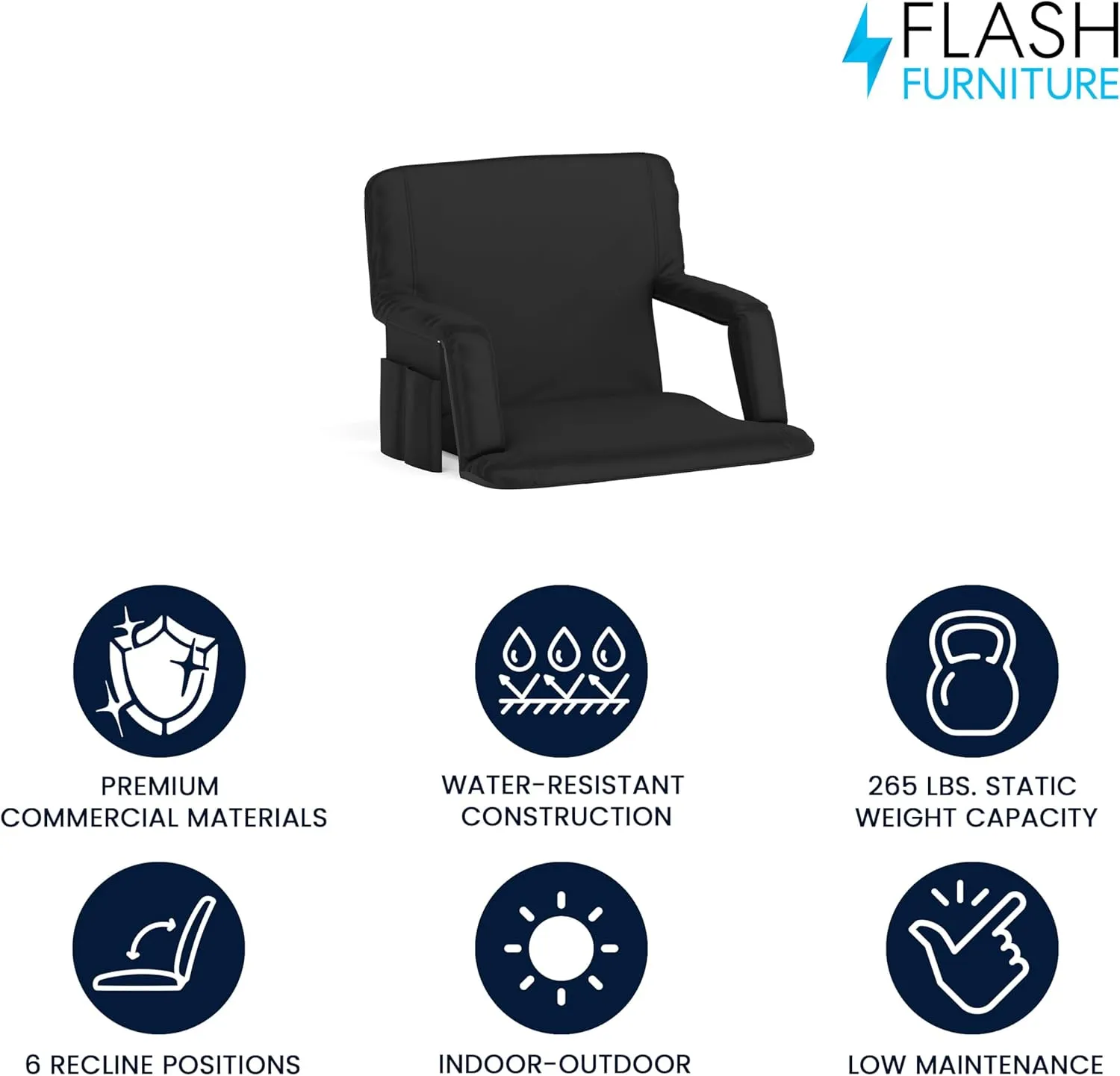 Flash Furniture Malta Extra Wide Portable Stadium Seat for Bleachers or Benches, Padded Stadium Chair with Backpack Straps and Storage, 265 lb. Weight Capacity, Black