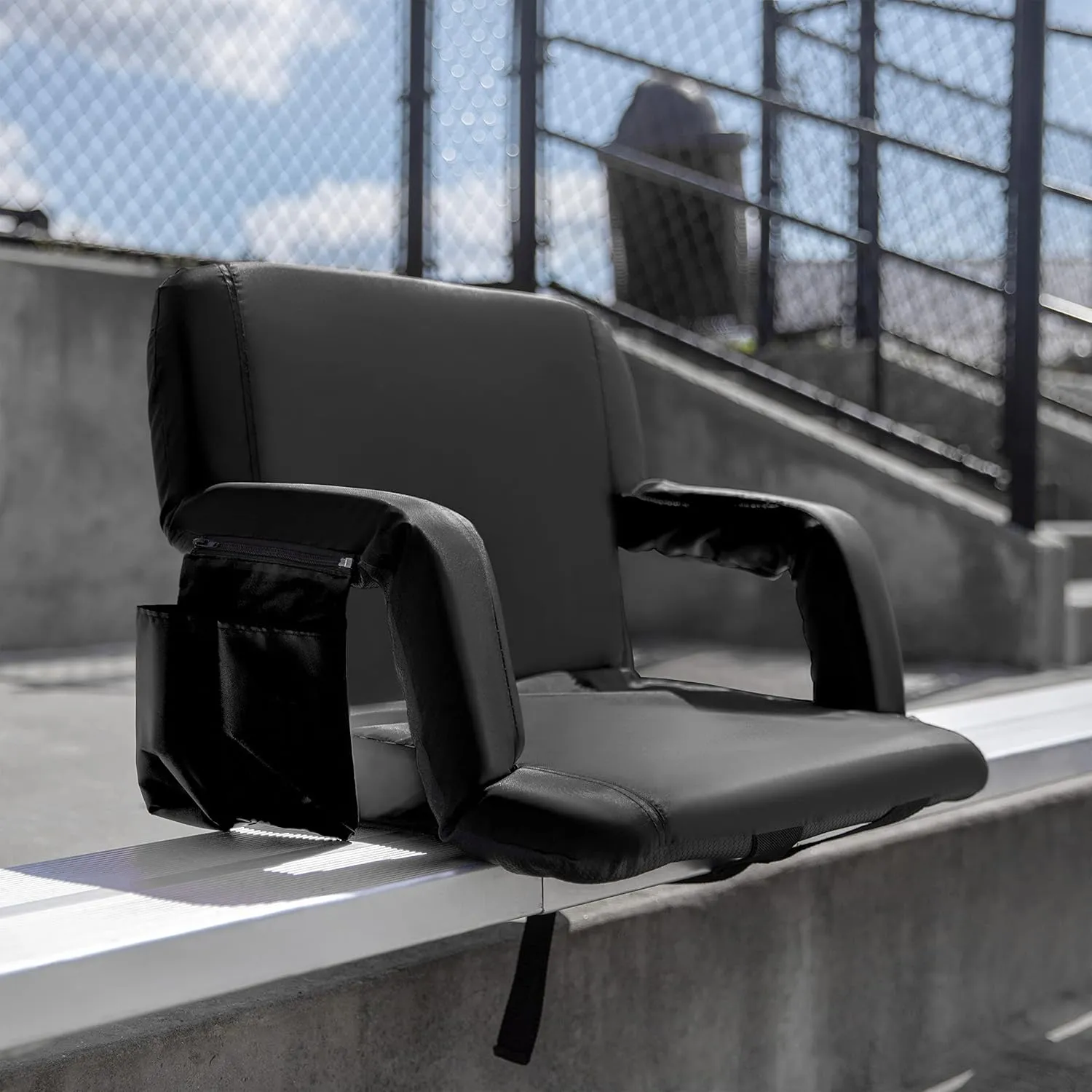 Flash Furniture Malta Extra Wide Portable Stadium Seat for Bleachers or Benches, Padded Stadium Chair with Backpack Straps and Storage, 265 lb. Weight Capacity, Black