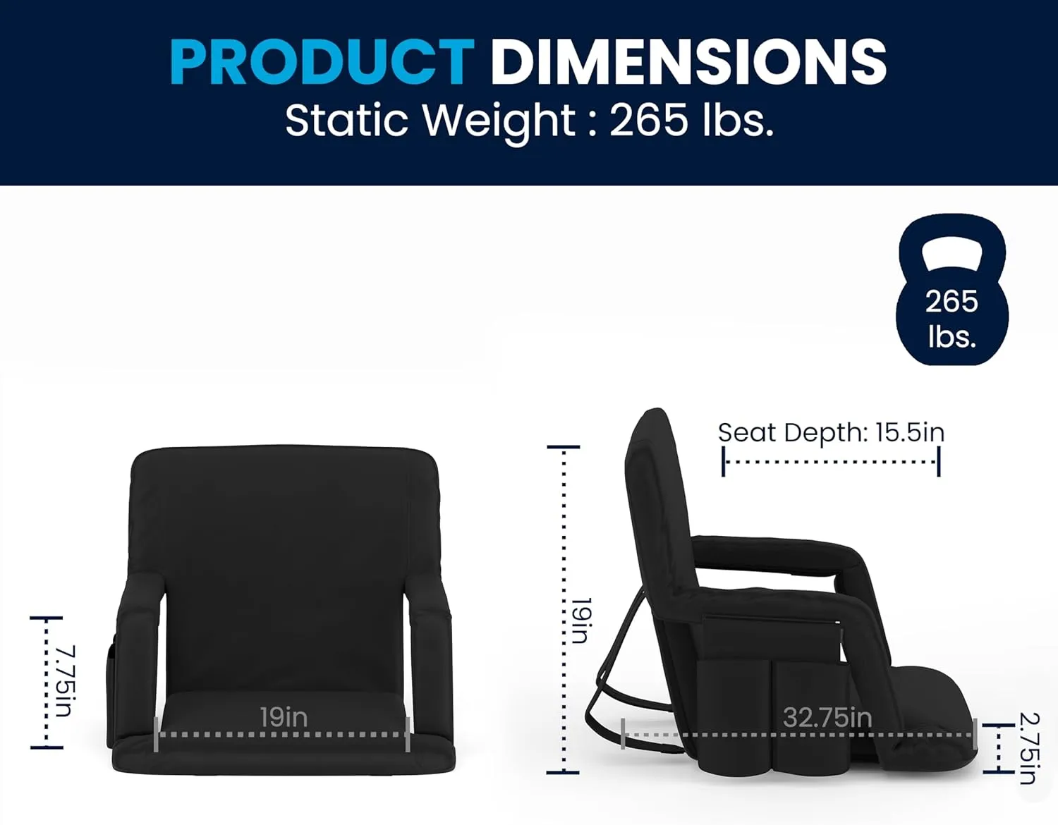 Flash Furniture Malta Extra Wide Portable Stadium Seat for Bleachers or Benches, Padded Stadium Chair with Backpack Straps and Storage, 265 lb. Weight Capacity, Black