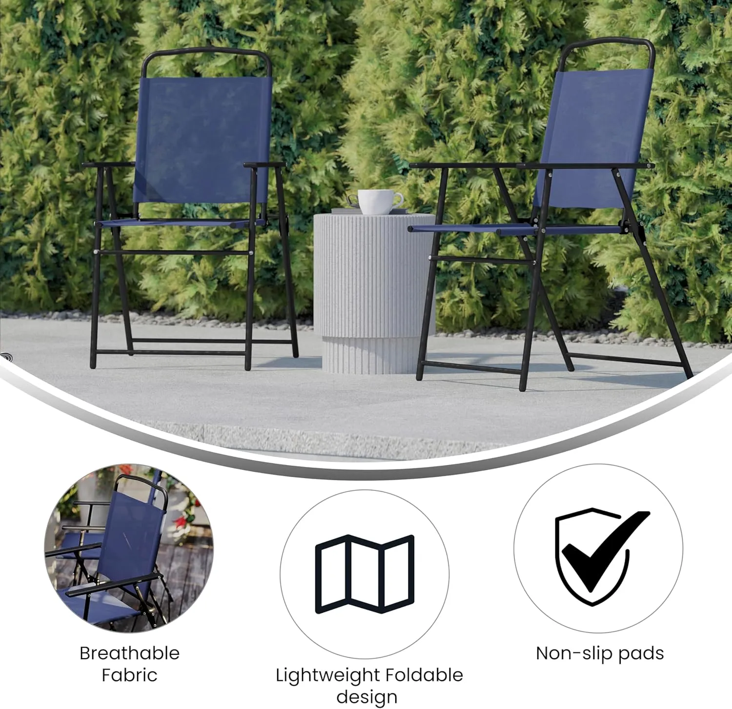 Flash Furniture Mystic Folding Patio Sling Chairs, Outdoor Textilene Lawn Chairs with Armrests, Set of 2, Navy