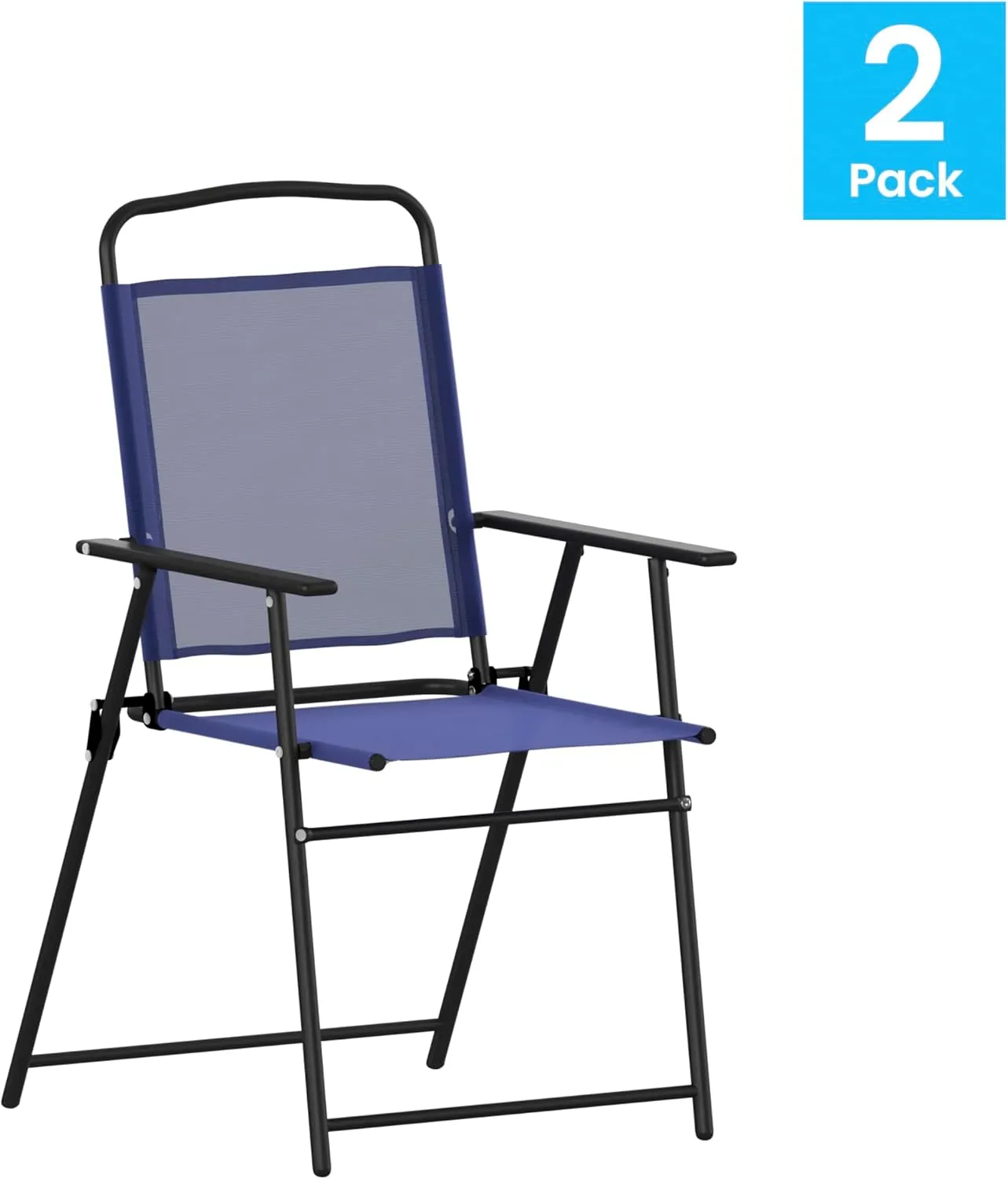 Flash Furniture Mystic Folding Patio Sling Chairs, Outdoor Textilene Lawn Chairs with Armrests, Set of 2, Navy