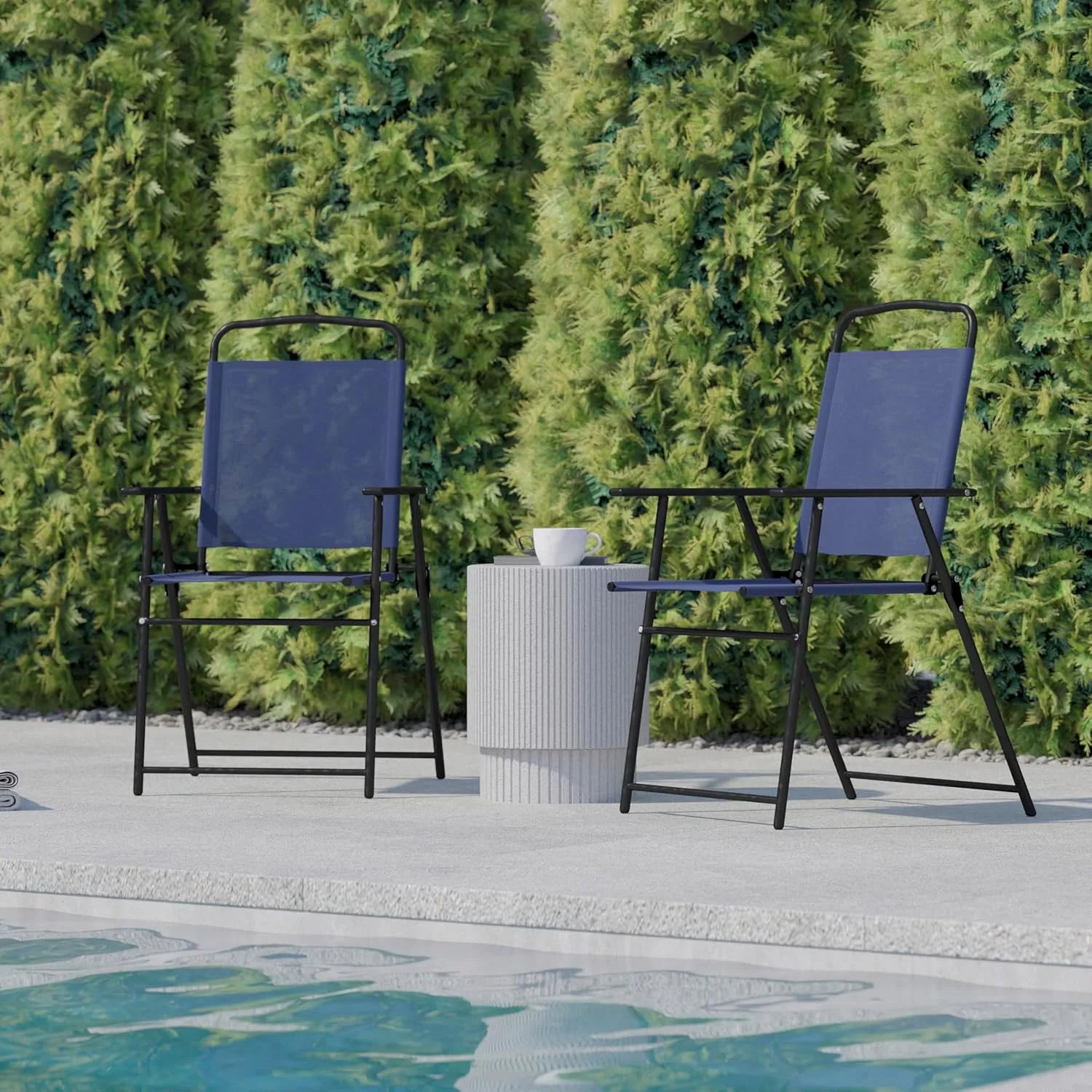 Flash Furniture Mystic Folding Patio Sling Chairs, Outdoor Textilene Lawn Chairs with Armrests, Set of 2, Navy