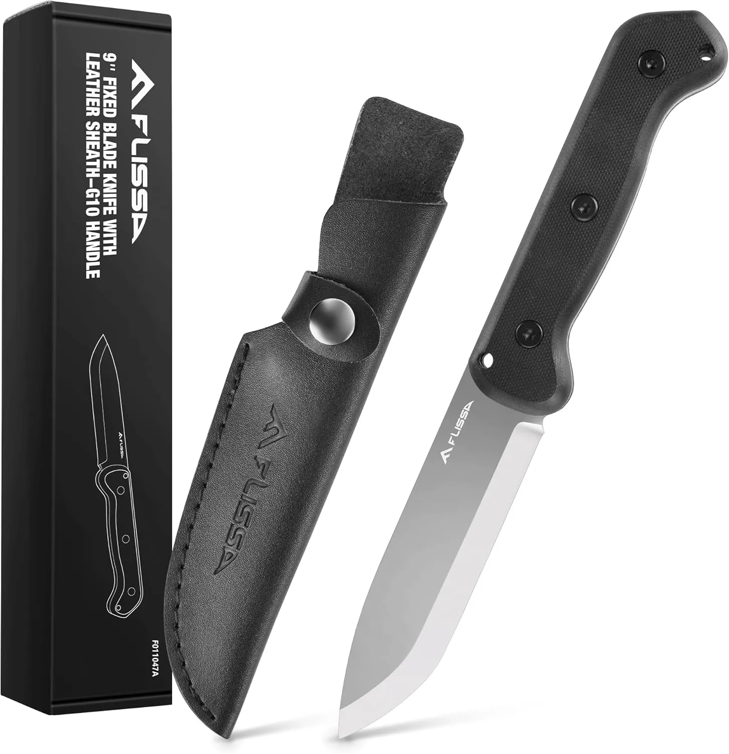 FLISSA 9" Fixed Blade Knife, D2 Steel Hunting Knife for Camping, Outdoor, Bushcraft and Survival, G10 Handle, Leather Sheath Included, Christmas Gifts for Husband, Father, Friend