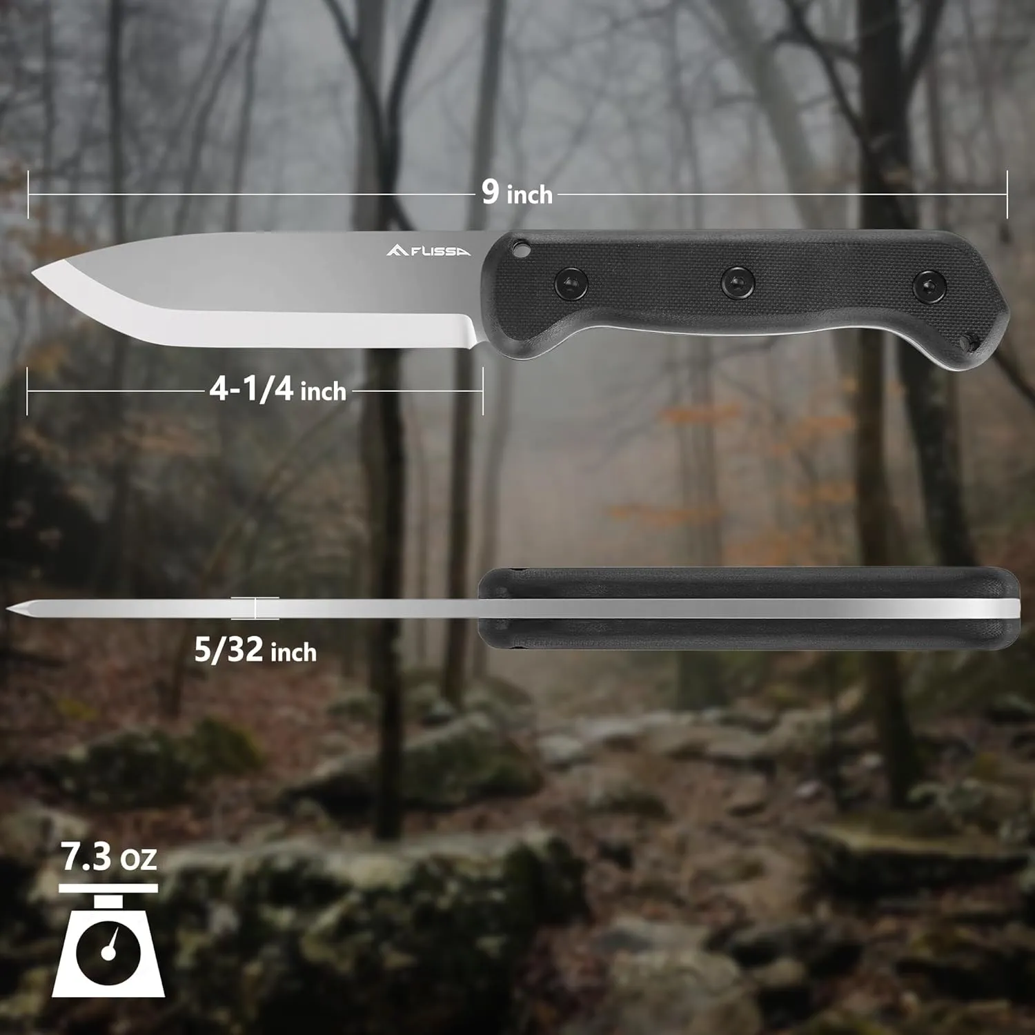 FLISSA 9" Fixed Blade Knife, D2 Steel Hunting Knife for Camping, Outdoor, Bushcraft and Survival, G10 Handle, Leather Sheath Included, Christmas Gifts for Husband, Father, Friend