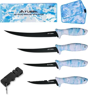 FLISSA Fillet Knife Set with 5"/6"/7"/9" Fillet Knives, Sharpener, Protective Sheath, Portable Roll Bag, Gifts for Fishermen, Saltwater & Freshwater Use