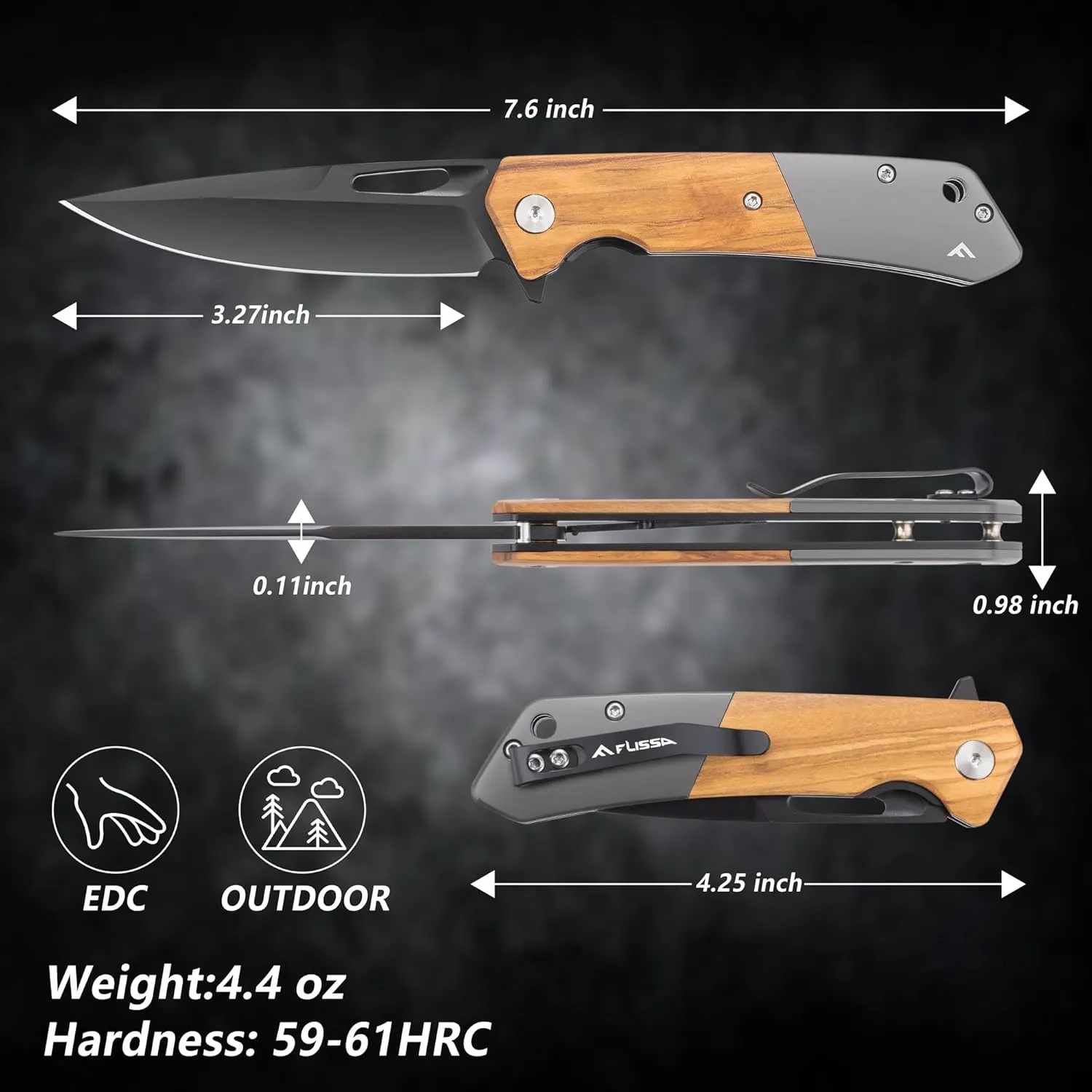 FLISSA Folding Pocket Knife, SANDVIK 14C28N Steel Blade Knife with Olive Wood-Steel Handle, Pocket Clip and Thumb Hole for EDC Camping Hiking Outdoor