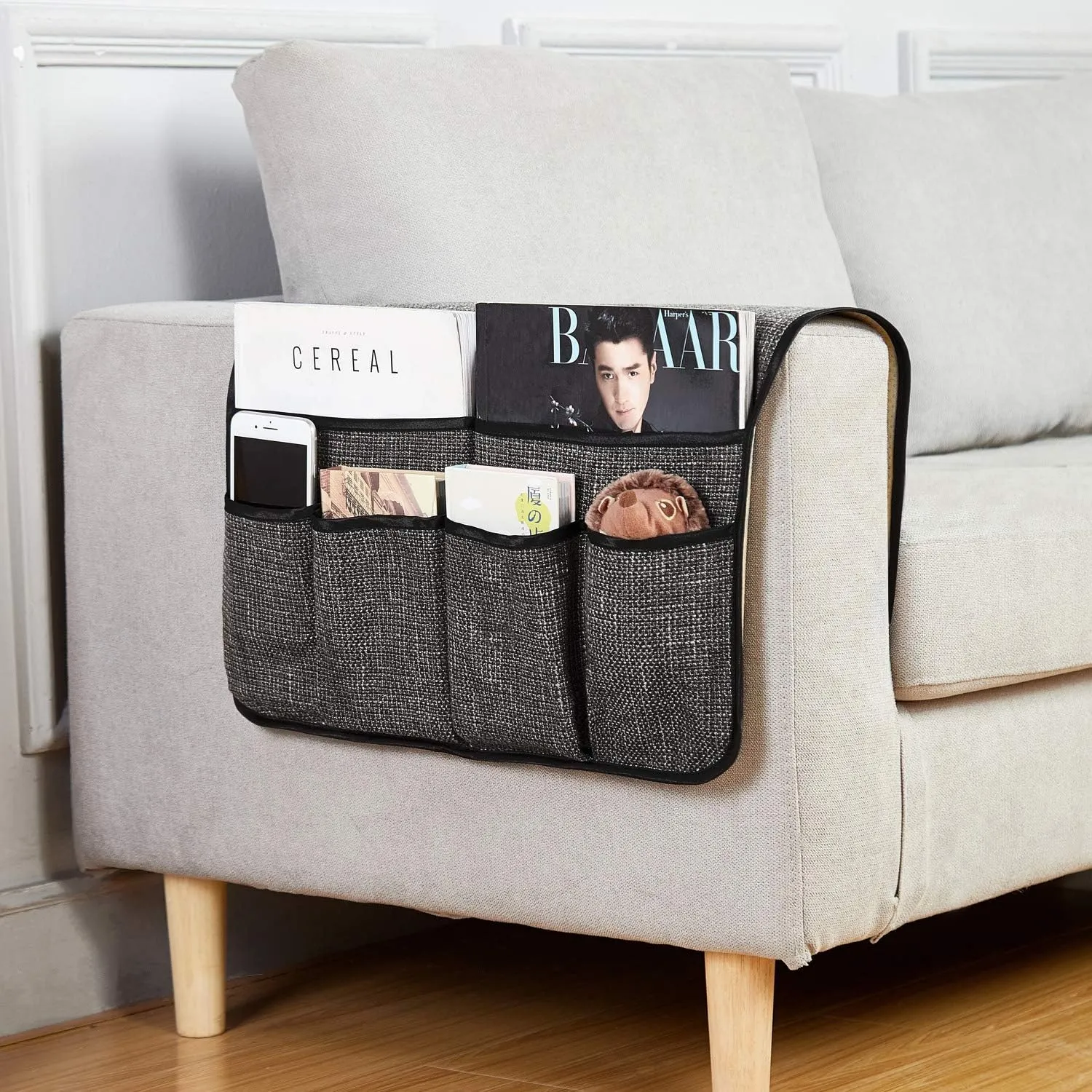 FLYILY Sofa Armrest Organizer Non-Slip Arm Chair Hanging Caddy Remote Control Holder for Magazine, Phone, Books, Glasses(DarkGrey,19in)