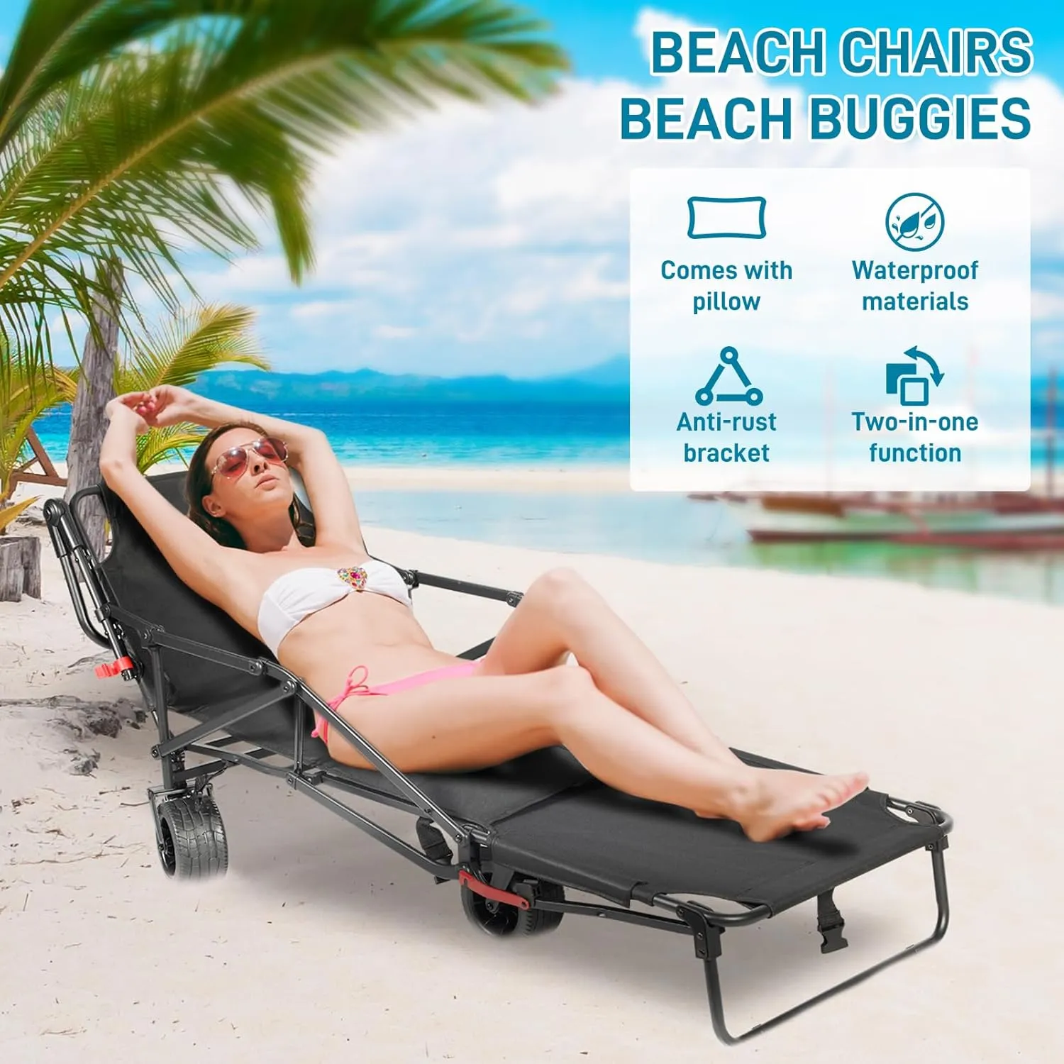 Foldable 4 Wheels Beach Wagon and Chair with Pillow,Beach Cart Chairs 2 in 1, 400lb Large Capacity Cart Suitable for Beaches, Camping, Fishing, Shopping and Moving (Black)