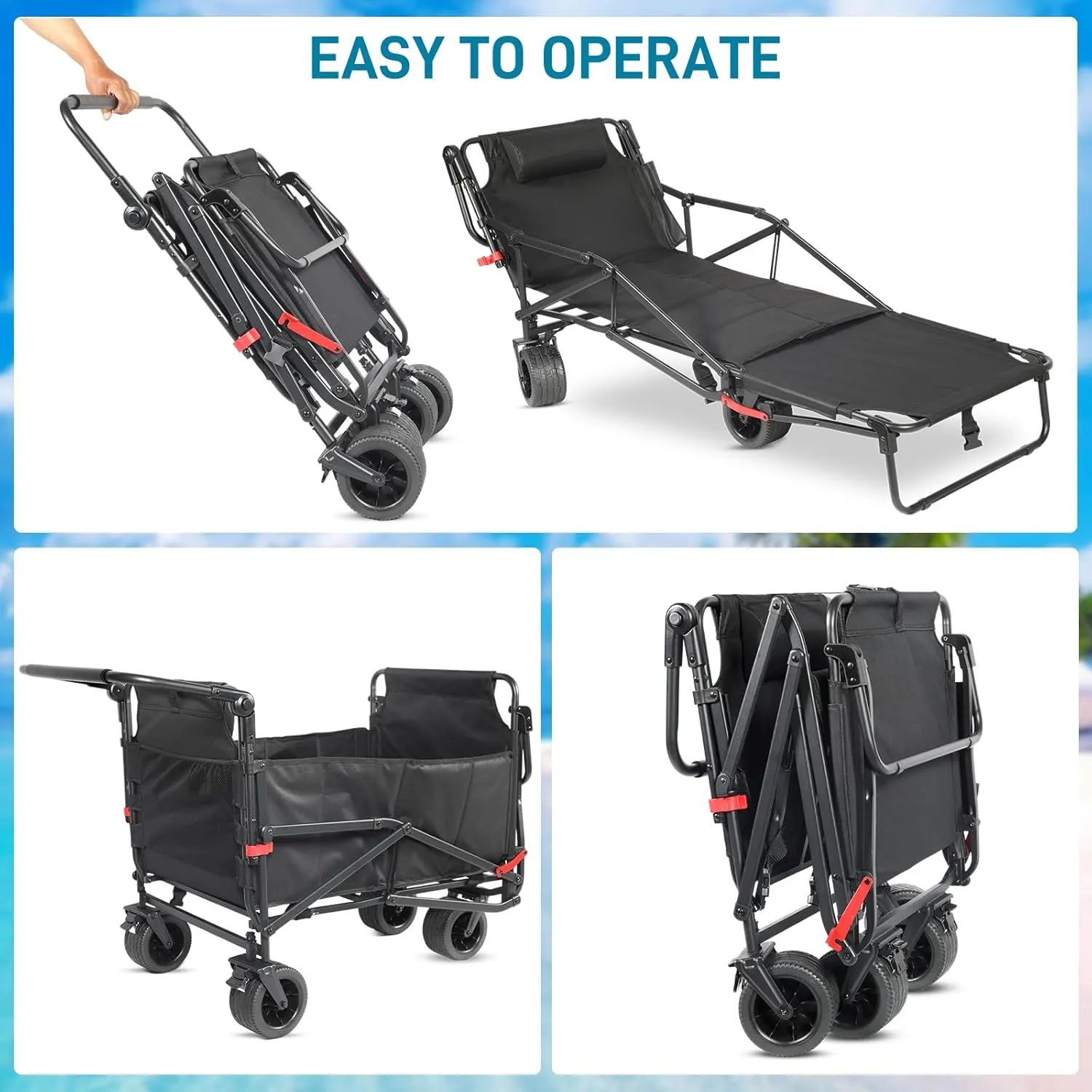 Foldable 4 Wheels Beach Wagon and Chair with Pillow,Beach Cart Chairs 2 in 1, 400lb Large Capacity Cart Suitable for Beaches, Camping, Fishing, Shopping and Moving (Black)