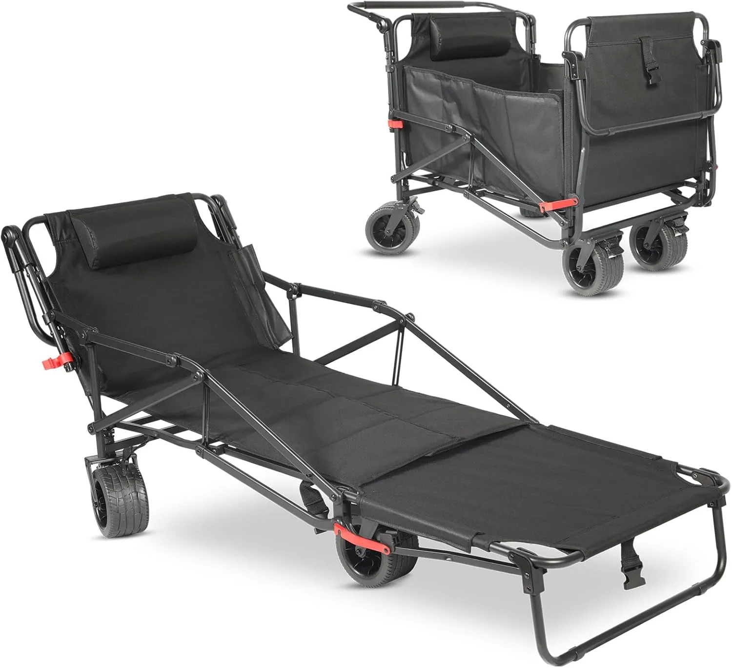 Foldable 4 Wheels Beach Wagon and Chair with Pillow,Beach Cart Chairs 2 in 1, 400lb Large Capacity Cart Suitable for Beaches, Camping, Fishing, Shopping and Moving (Black)