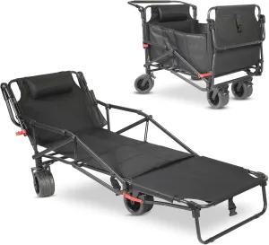 Foldable 4 Wheels Beach Wagon and Chair with Pillow,Beach Cart Chairs 2 in 1, 400lb Large Capacity Cart Suitable for Beaches, Camping, Fishing, Shopping and Moving (Black)